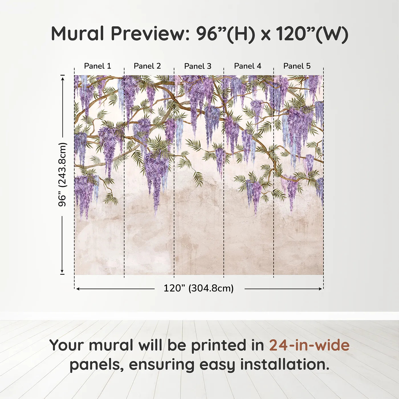 Whimsy Tots Hanging Wisteria Wall Muraldimension view (96" H x 120" W). Printed in five 24-inch-wide panels. Best for Girls