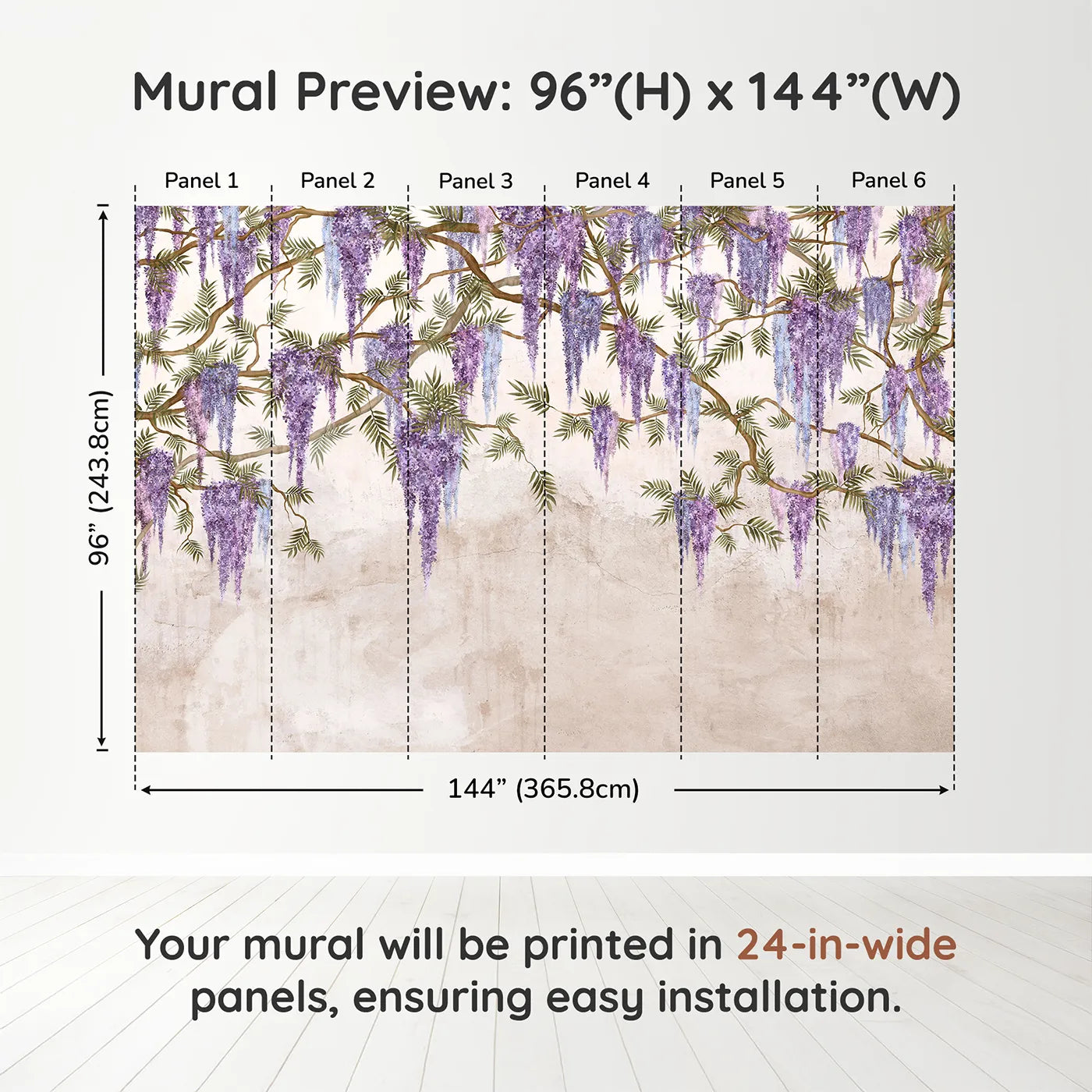 Whimsy Tots Hanging Wisteria Wall Muraldimension view (96" H x 144" W). Printed in six 24-inch-wide panels. Best for Girls