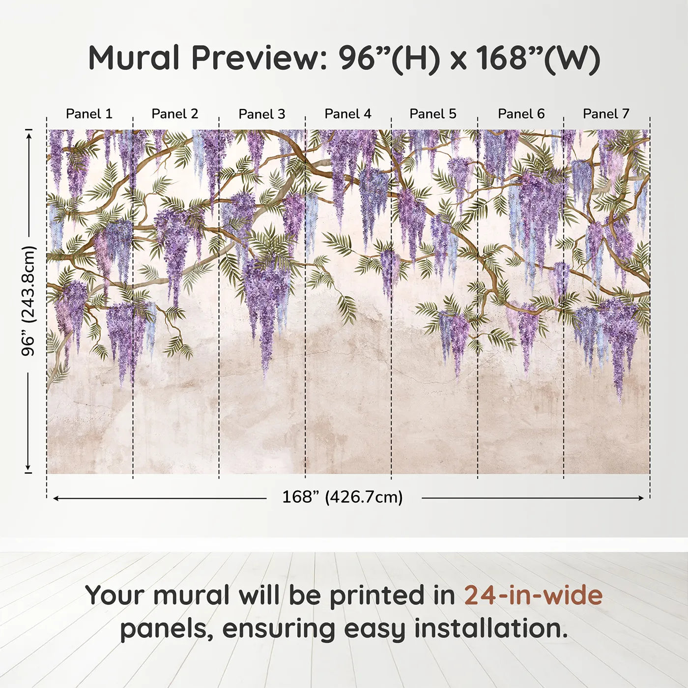 Whimsy Tots Hanging Wisteria Wall Muraldimension view (96" H x 168" W). Printed in seven 24-inch-wide panels. Best for Girls