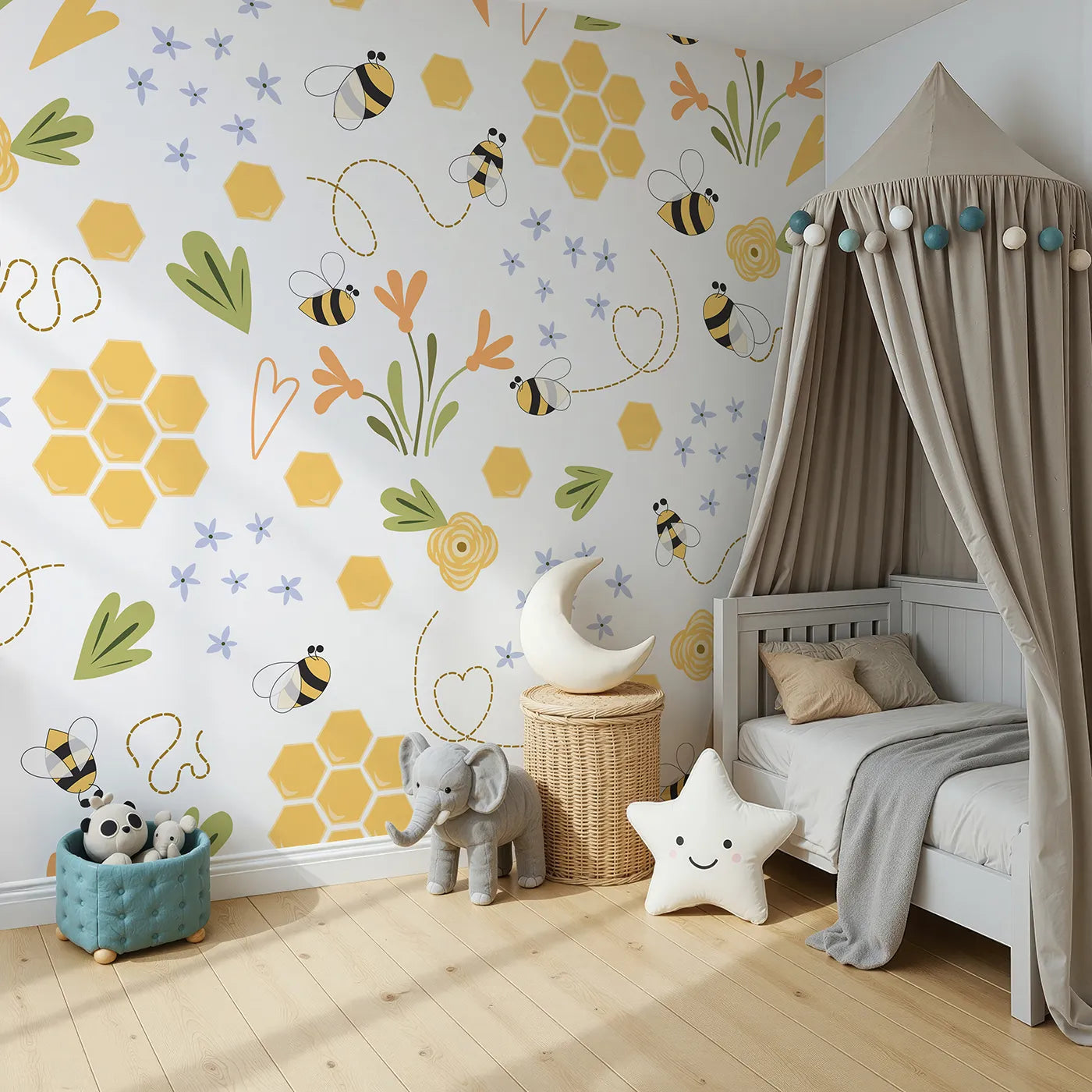 Angled view of Whimsy Tots' Happy Bee Garden Wall Mural (Turn Their Room into a Meadow Full of Buzzing Friends).Gender-Neutral