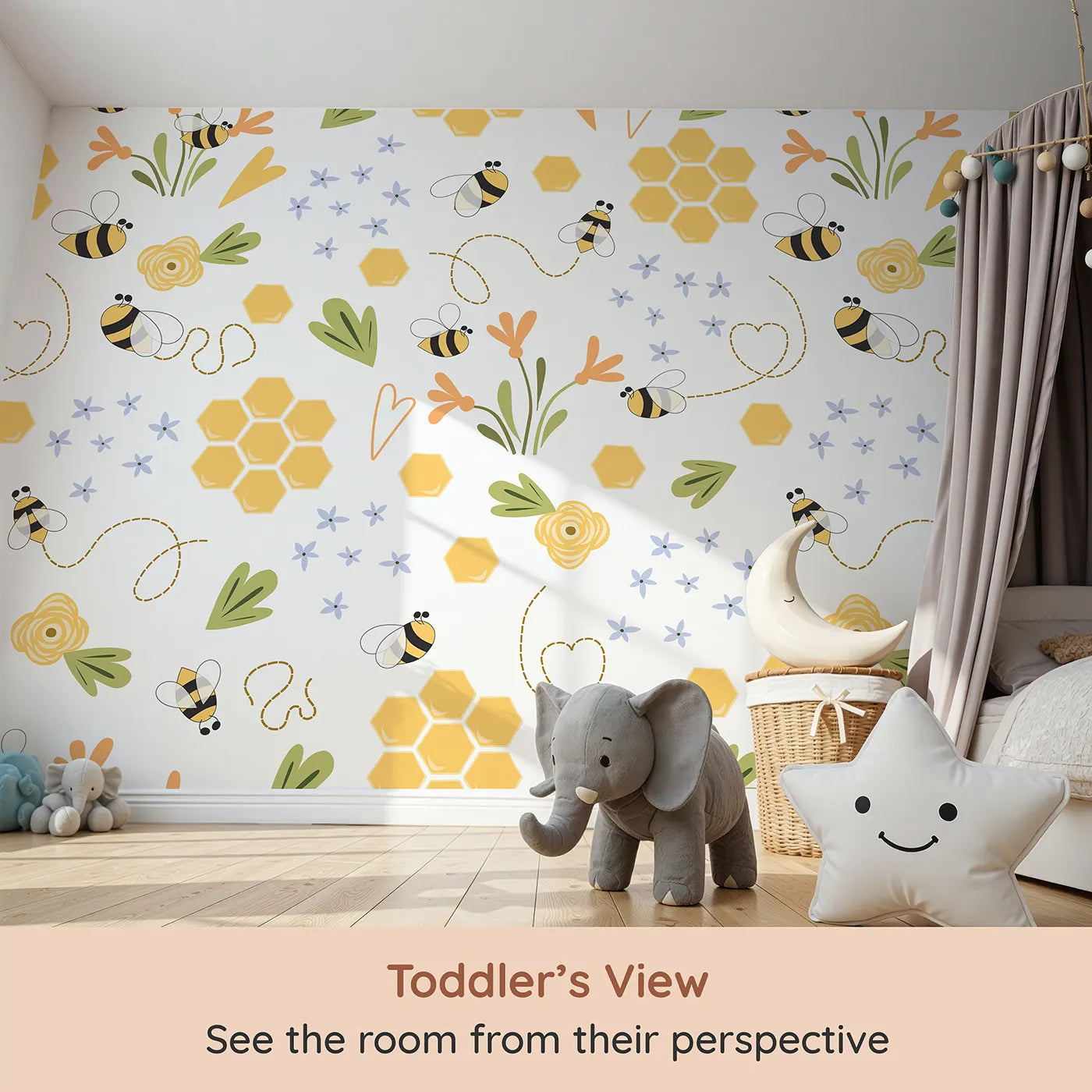 Whimsy Tots Happy Bee Garden Wall Mural (Turn Their Room into a Meadow Full of Buzzing Friends) from your child's view.Gender-Neutral