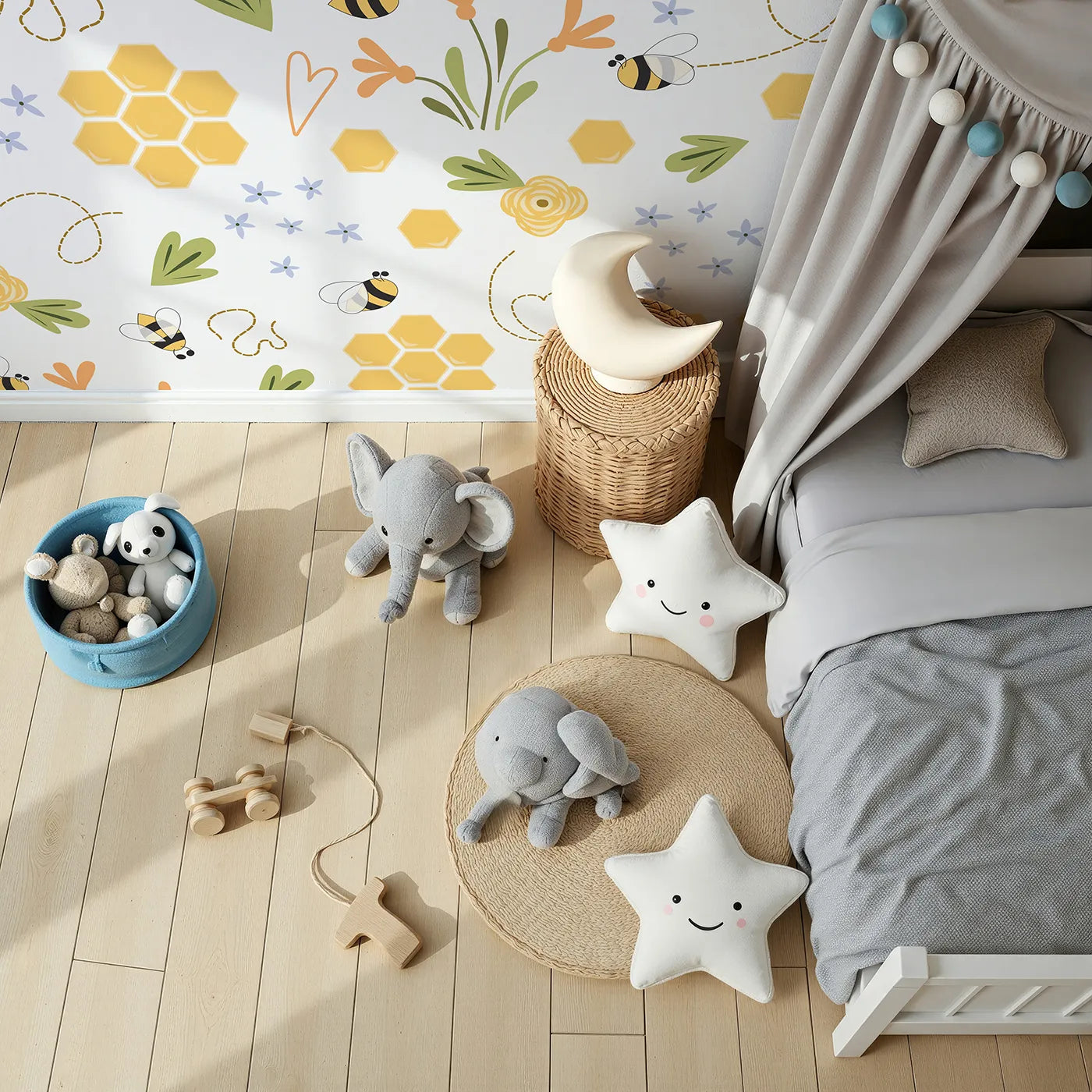 Top-down view of Whimsy Tots' Happy Bee Garden Wall Mural (Turn Their Room into a Meadow Full of Buzzing Friends).Gender-Neutral