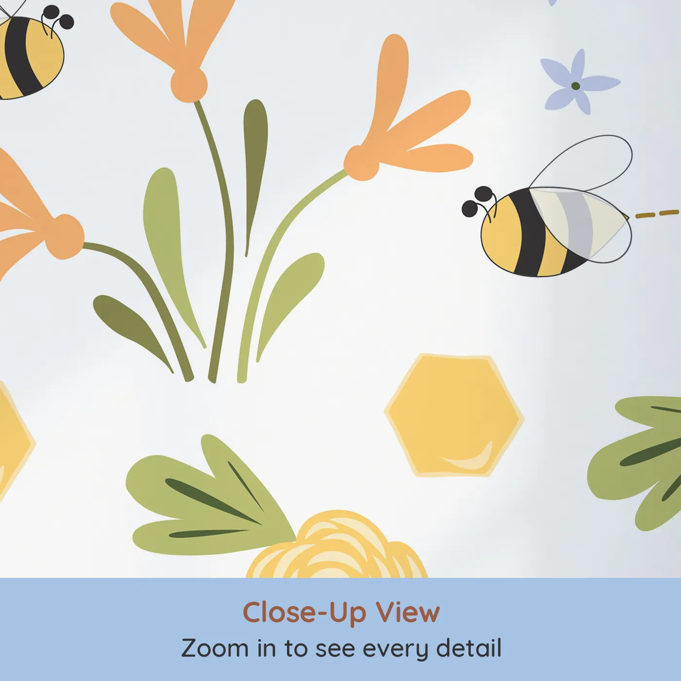 Close-up view of Whimsy Tots' Happy Bee Garden Wall Mural (Turn Their Room into a Meadow Full of Buzzing Friends).Gender-Neutral