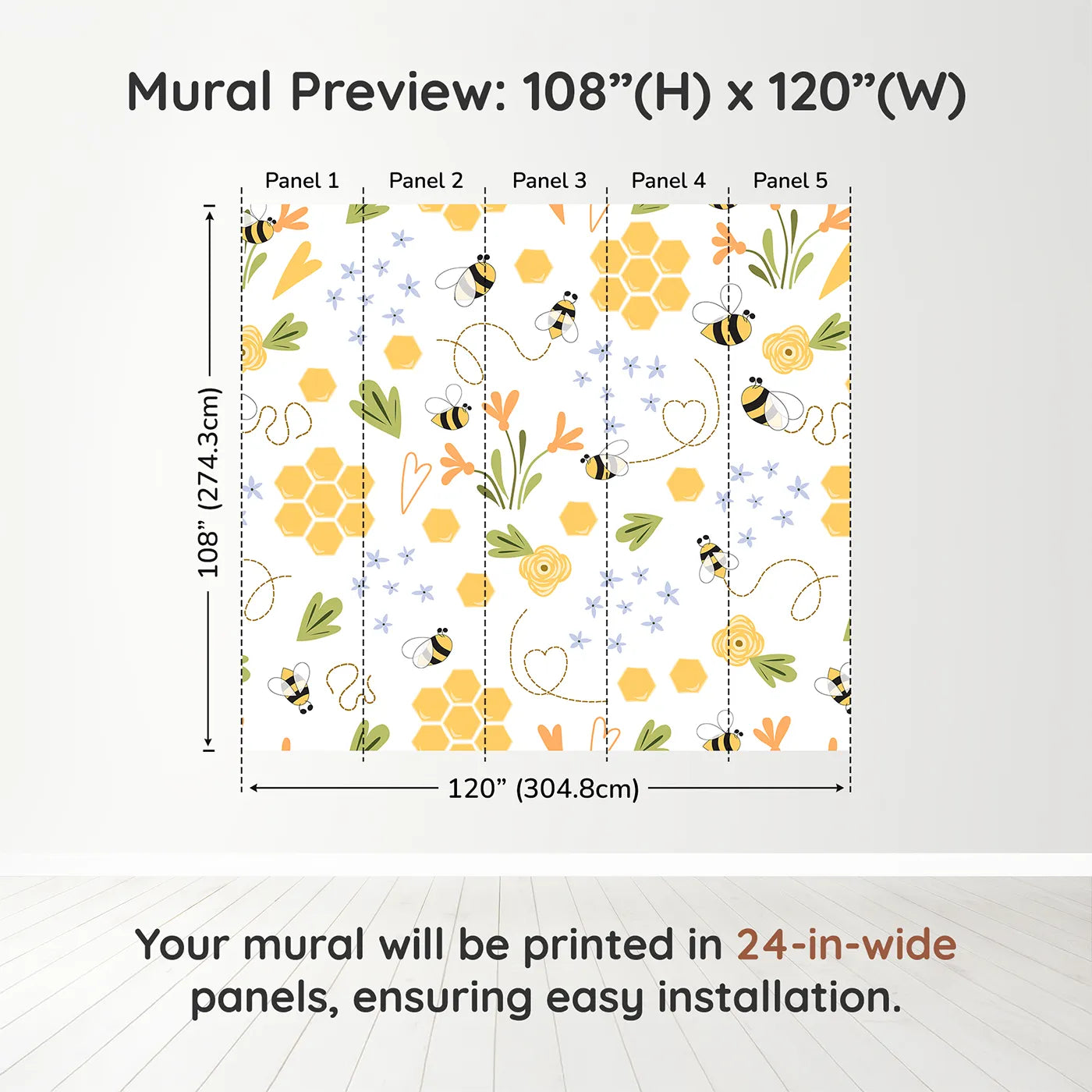 Whimsy Tots Happy Bee Garden Wall Muraldimension view (108" H x 120" W). Printed in five 24-inch-wide panels. Gender-Neutral