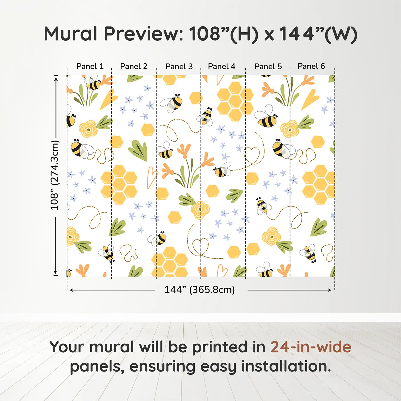 Whimsy Tots Happy Bee Garden Wall Muraldimension view (108" H x 144" W). Printed in six 24-inch-wide panels. Gender-Neutral