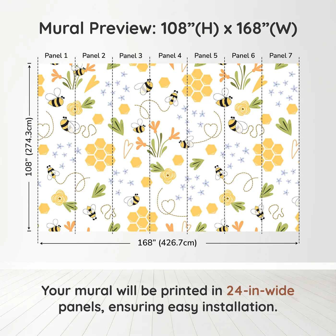 Whimsy Tots Happy Bee Garden Wall Muraldimension view (108" H x 168" W). Printed in seven 24-inch-wide panels. Gender-Neutral