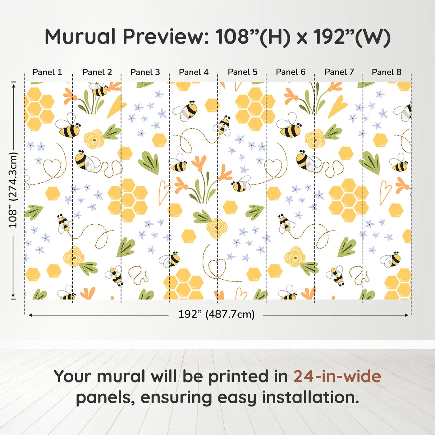 Whimsy Tots Happy Bee Garden Wall Muraldimension view (108" H x 192" W). Printed in eight 24-inch-wide panels. Gender-Neutral