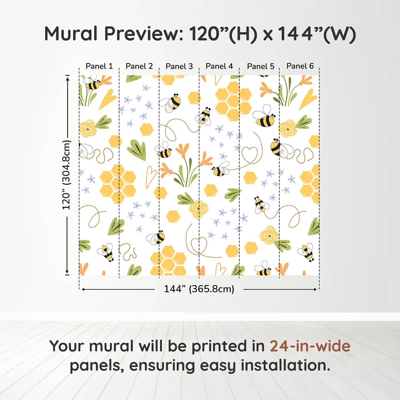 Whimsy Tots Happy Bee Garden Wall Muraldimension view (120" H x 144" W). Printed in six 24-inch-wide panels. Gender-Neutral