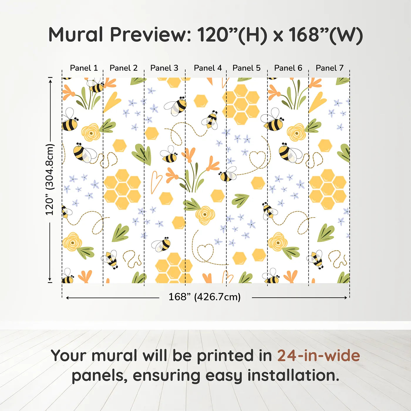 Whimsy Tots Happy Bee Garden Wall Muraldimension view (120" H x 168" W). Printed in seven 24-inch-wide panels. Gender-Neutral