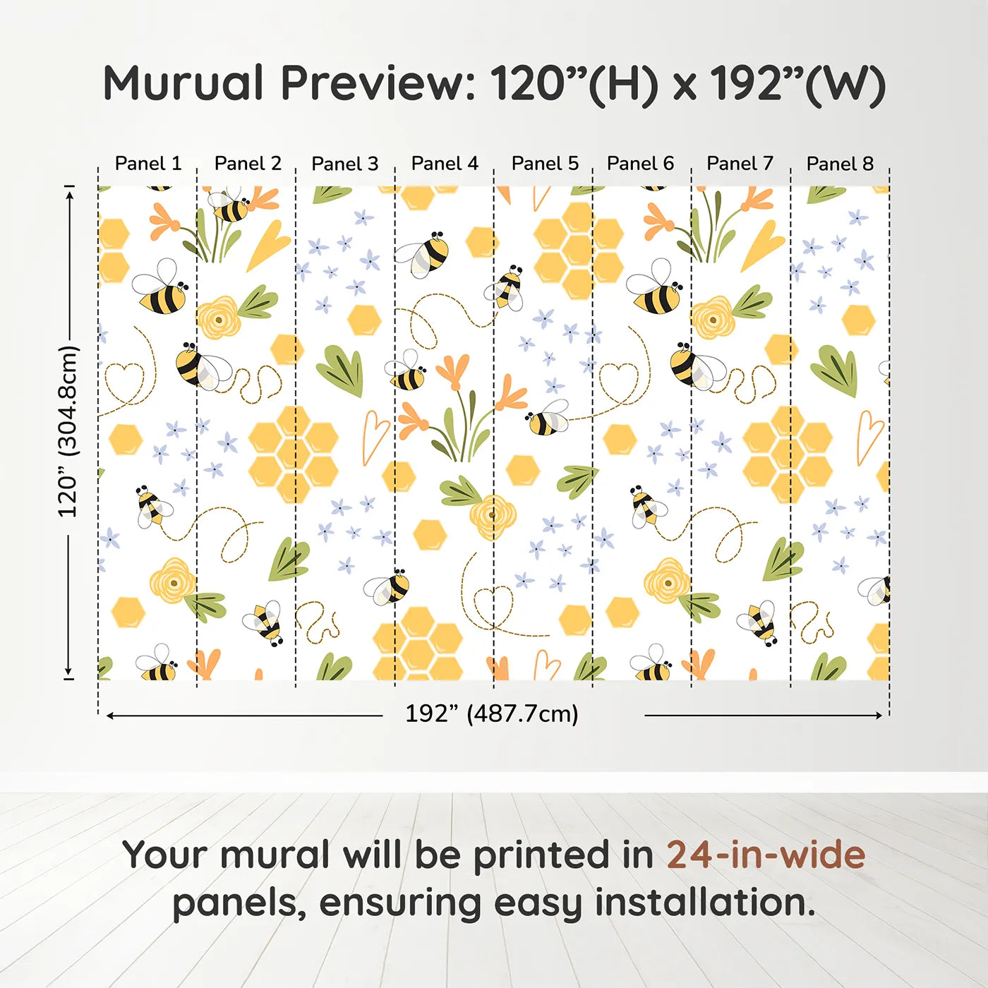 Whimsy Tots Happy Bee Garden Wall Muraldimension view (120" H x 192" W). Printed in eight 24-inch-wide panels. Gender-Neutral