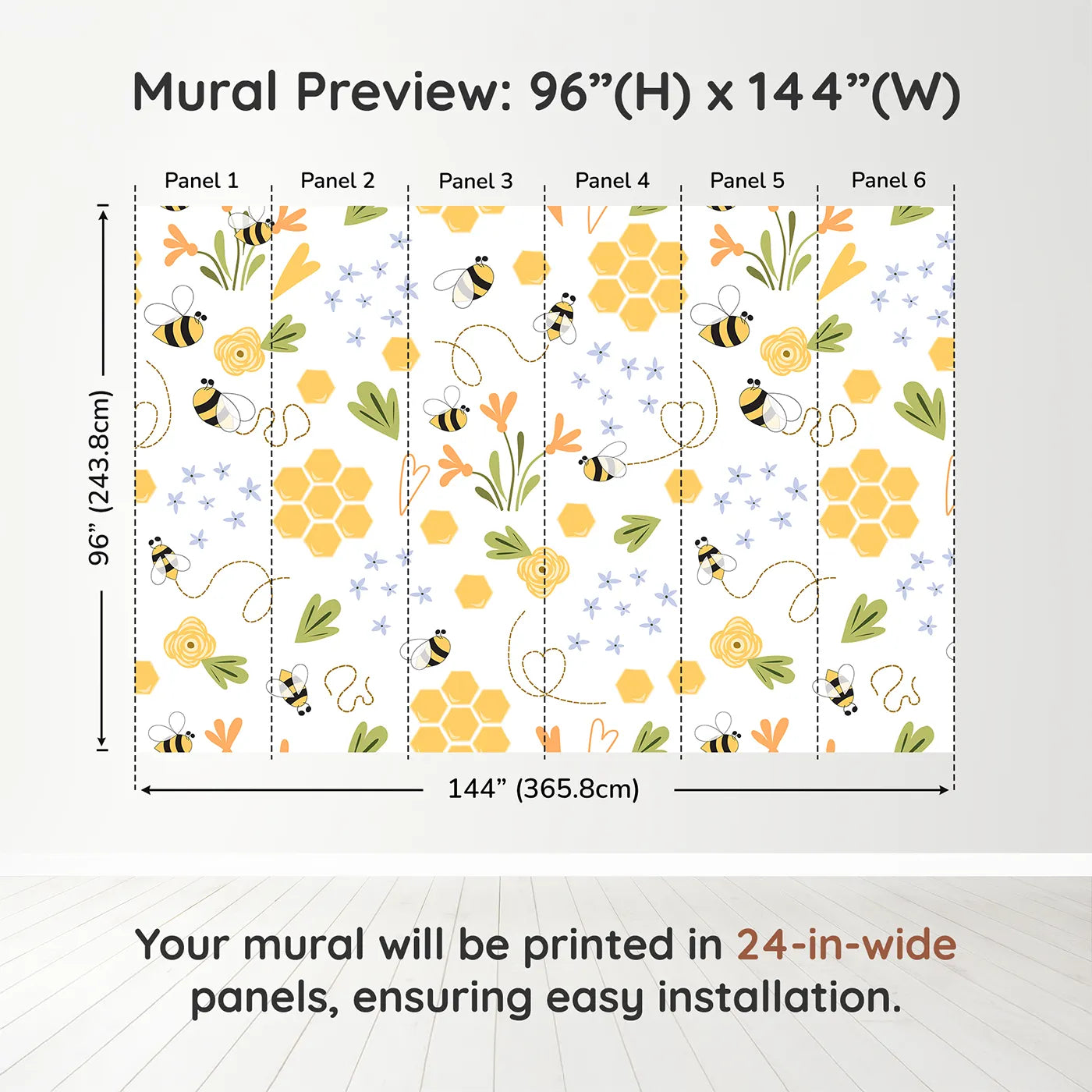 Whimsy Tots Happy Bee Garden Wall Muraldimension view (96" H x 144" W). Printed in six 24-inch-wide panels. Gender-Neutral