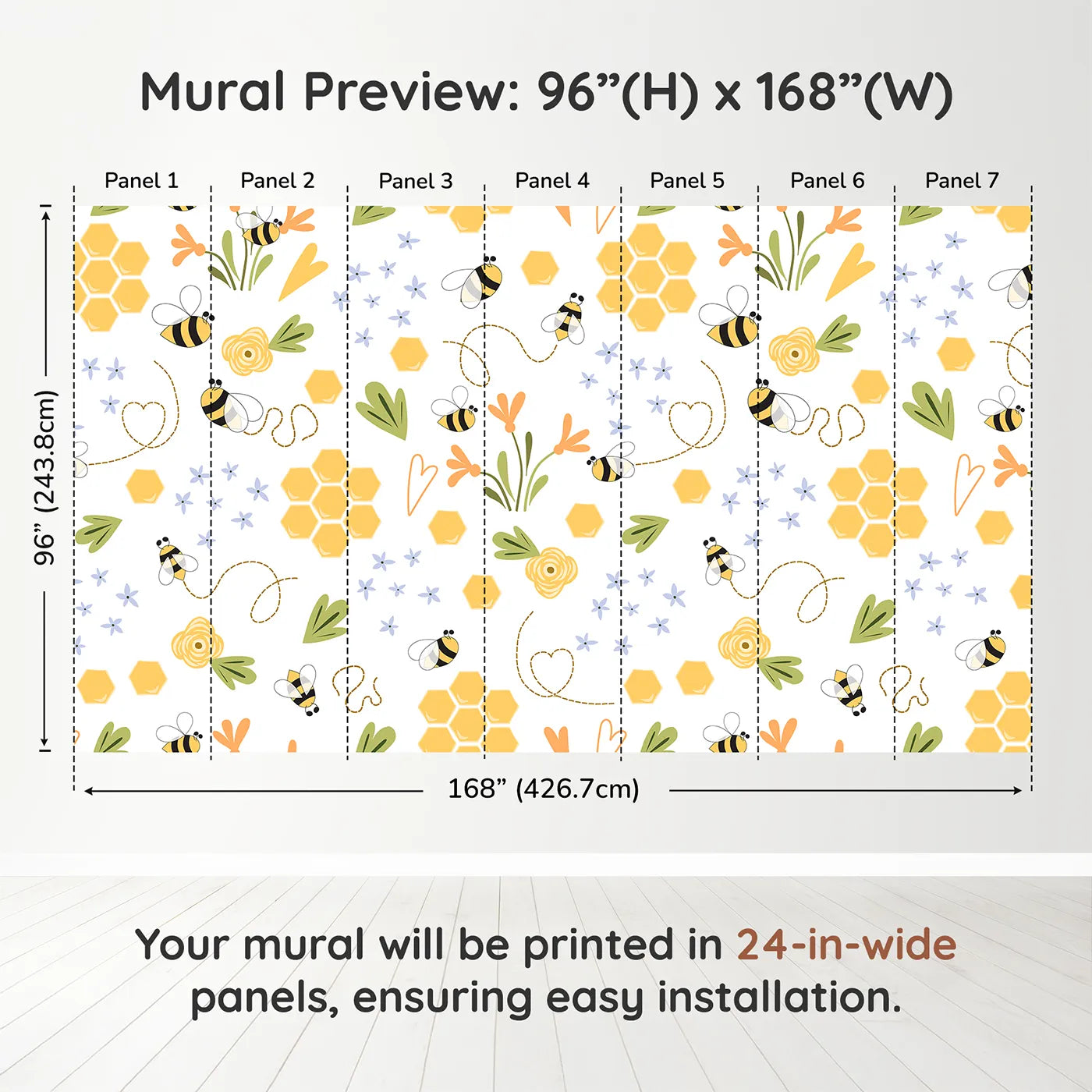 Whimsy Tots Happy Bee Garden Wall Muraldimension view (96" H x 168" W). Printed in seven 24-inch-wide panels. Gender-Neutral