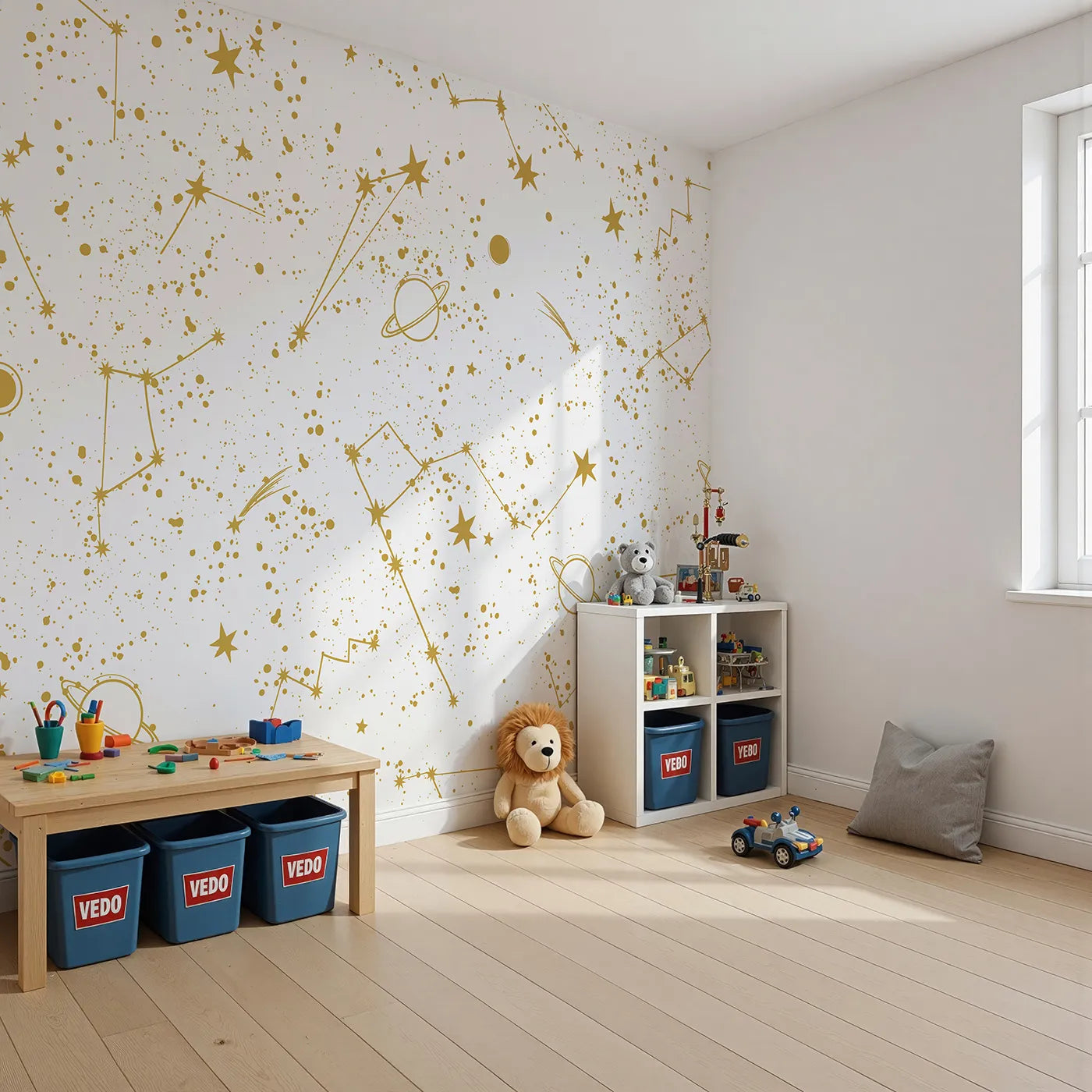Angled view of Whimsy Tots' Golden Constellations Wall Mural (Turn Their Room into a Dazzling Star Chart).Gender-Neutral