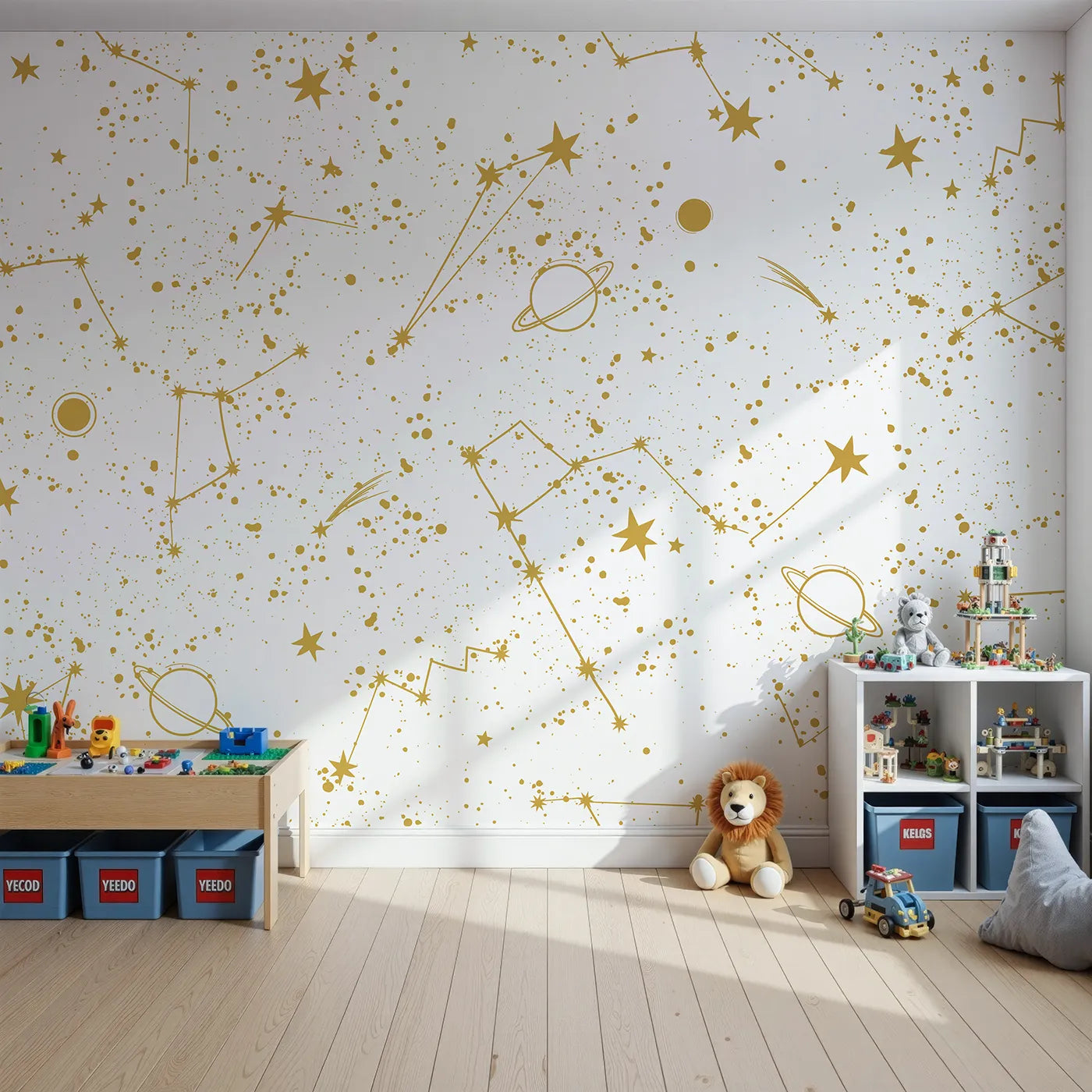 Front view of Whimsy Tots' Golden Constellations Wall Mural