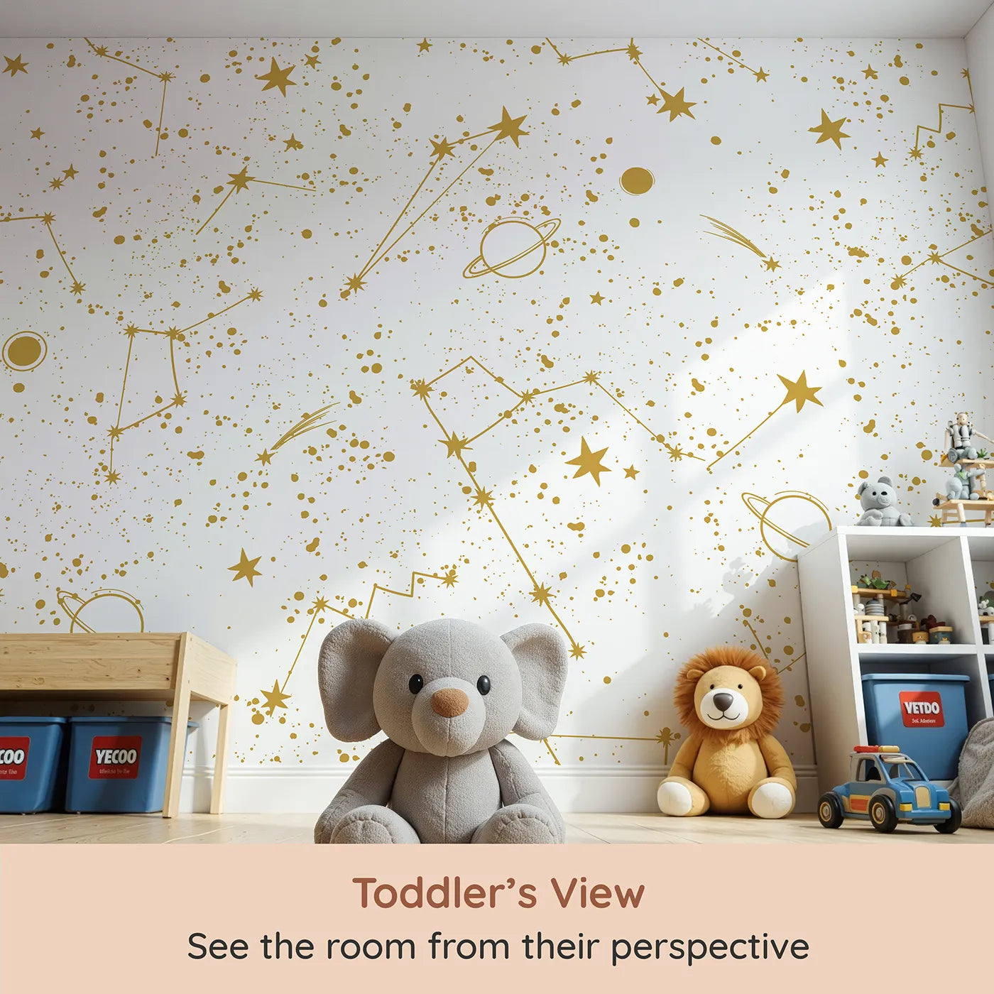 Whimsy Tots Golden Constellations Wall Mural (Turn Their Room into a Dazzling Star Chart) from your child's view.Gender-Neutral