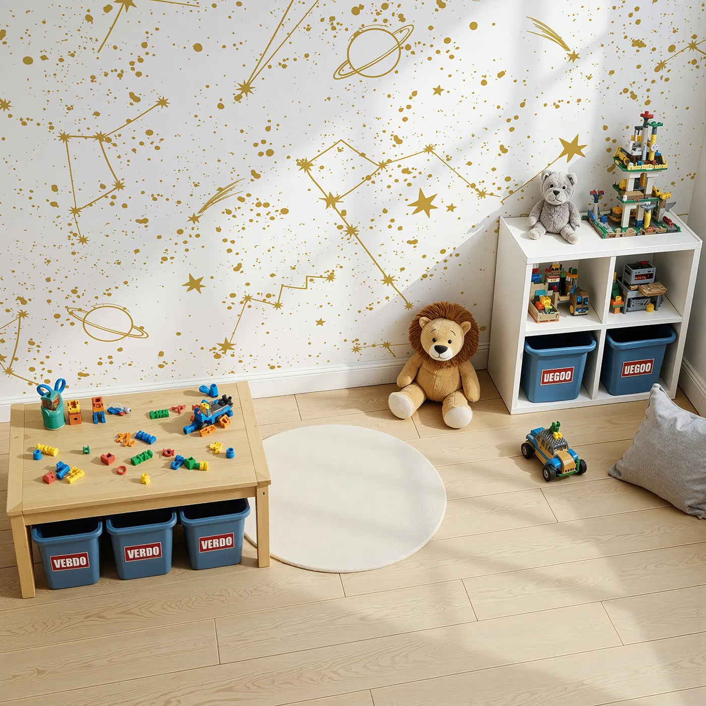 Top-down view of Whimsy Tots' Golden Constellations Wall Mural (Turn Their Room into a Dazzling Star Chart).Gender-Neutral