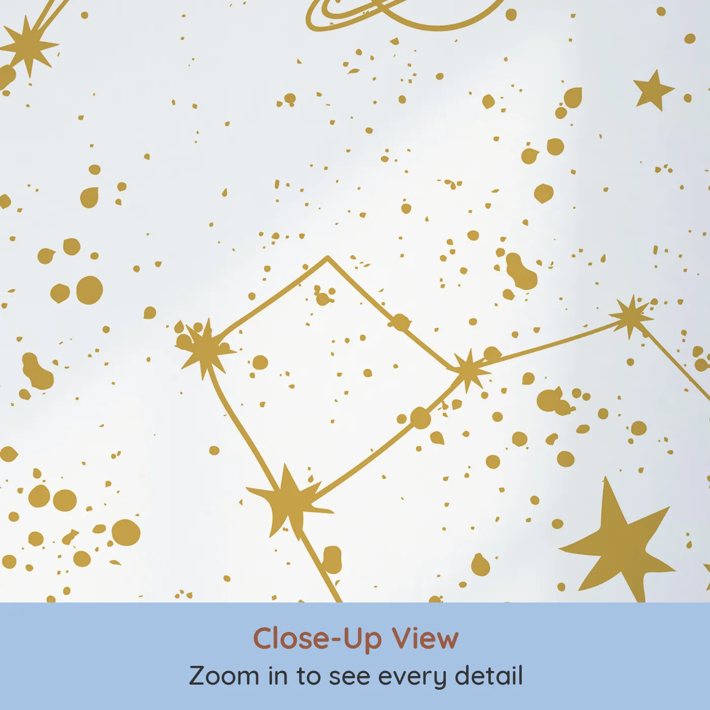 Close-up view of Whimsy Tots' Golden Constellations Wall Mural (Turn Their Room into a Dazzling Star Chart).Gender-Neutral