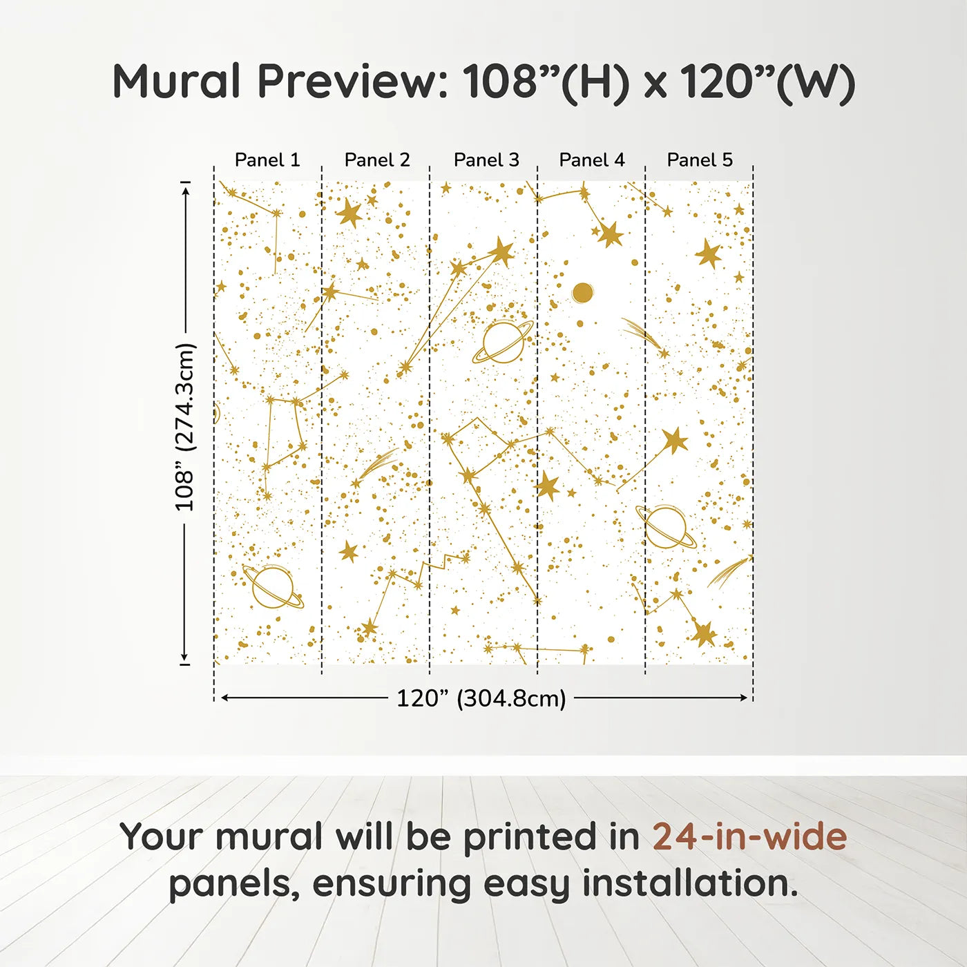 Whimsy Tots Golden Constellations Wall Muraldimension view (108" H x 120" W). Printed in five 24-inch-wide panels. Gender-Neutral