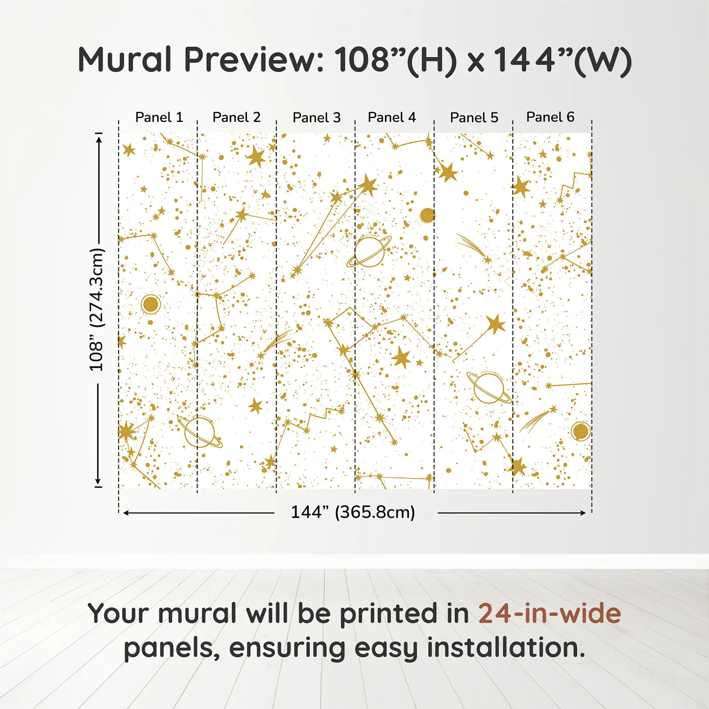 Whimsy Tots Golden Constellations Wall Muraldimension view (108" H x 144" W). Printed in six 24-inch-wide panels. Gender-Neutral