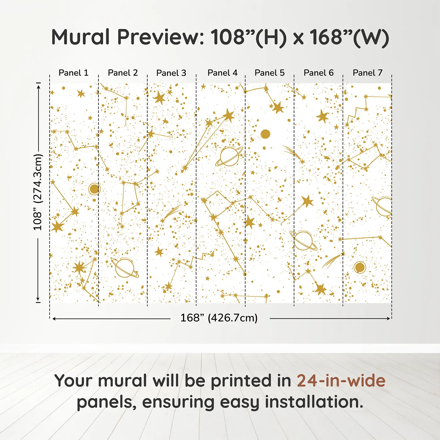 Whimsy Tots Golden Constellations Wall Muraldimension view (108" H x 168" W). Printed in seven 24-inch-wide panels. Gender-Neutral