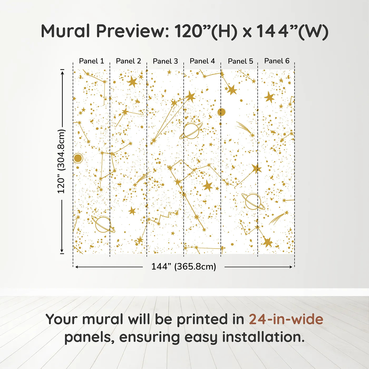 Whimsy Tots Golden Constellations Wall Muraldimension view (120" H x 144" W). Printed in six 24-inch-wide panels. Gender-Neutral
