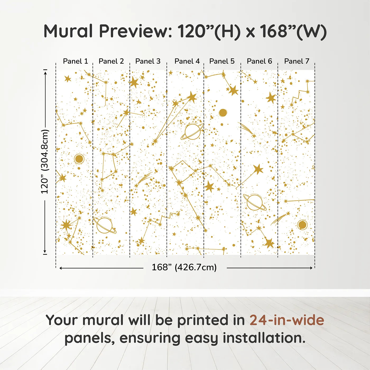 Whimsy Tots Golden Constellations Wall Muraldimension view (120" H x 168" W). Printed in seven 24-inch-wide panels. Gender-Neutral