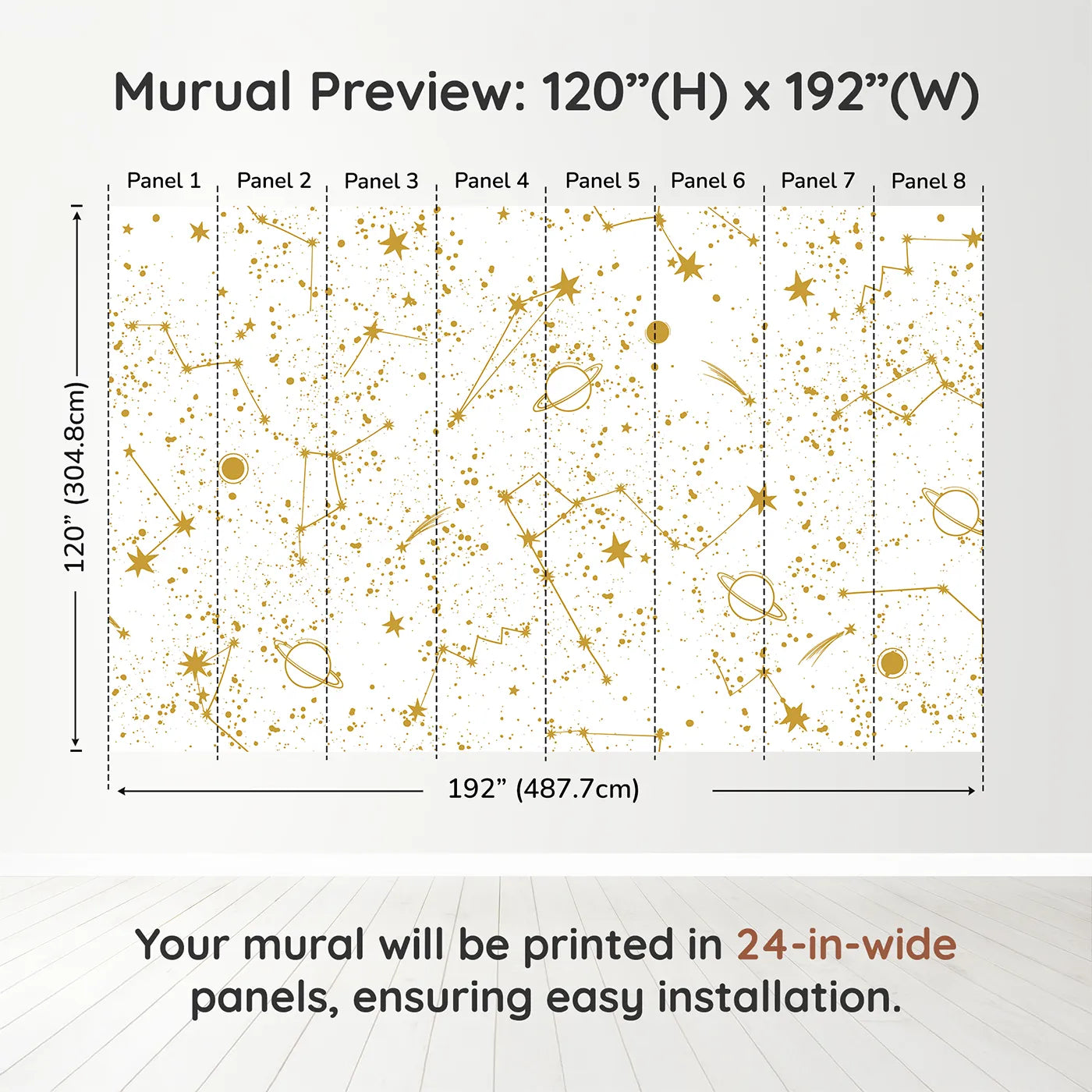 Whimsy Tots Golden Constellations Wall Muraldimension view (120" H x 192" W). Printed in eight 24-inch-wide panels. Gender-Neutral