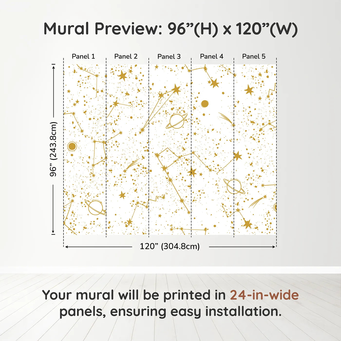 Whimsy Tots Golden Constellations Wall Muraldimension view (96" H x 120" W). Printed in five 24-inch-wide panels. Gender-Neutral