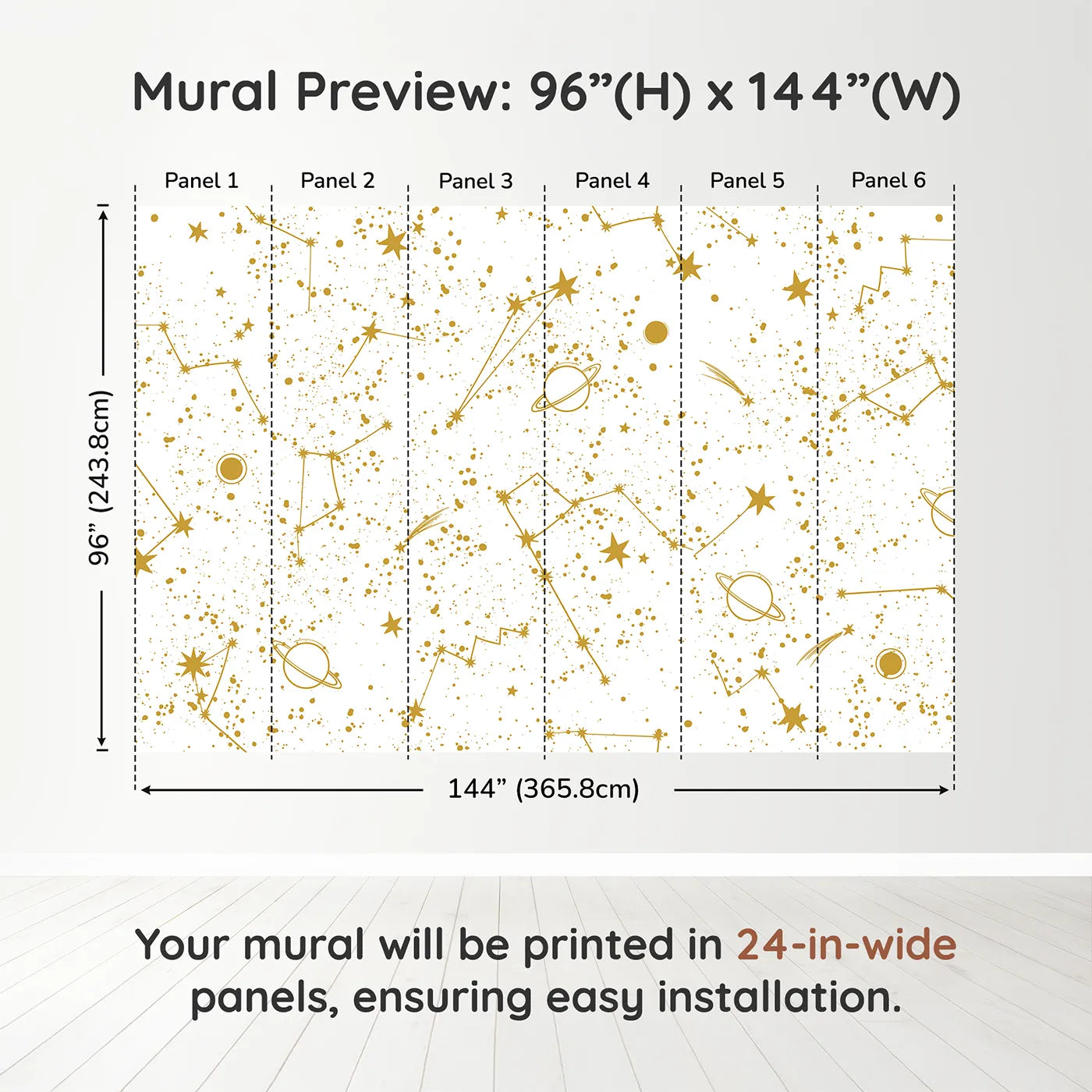Whimsy Tots Golden Constellations Wall Muraldimension view (96" H x 144" W). Printed in six 24-inch-wide panels. Gender-Neutral