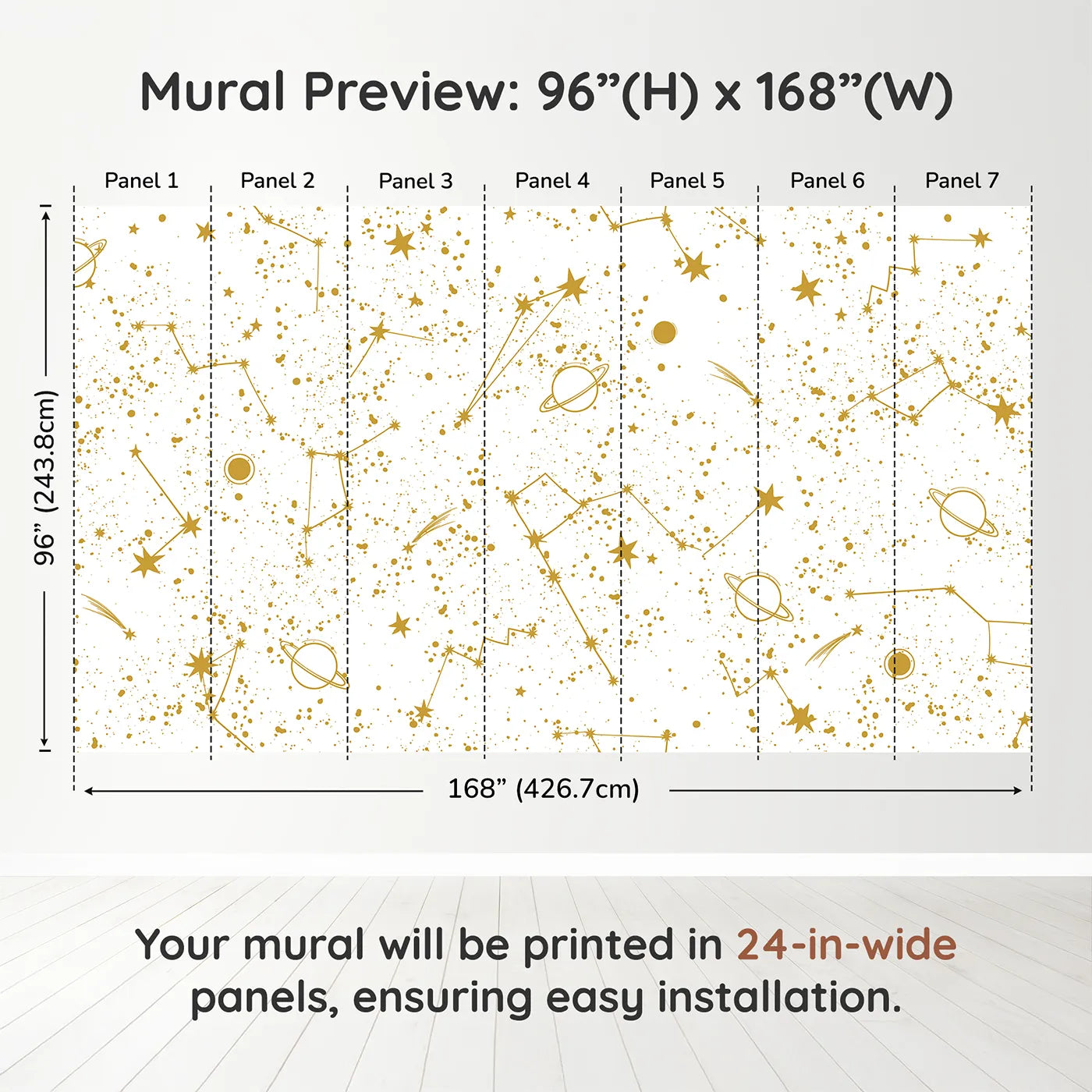 Whimsy Tots Golden Constellations Wall Muraldimension view (96" H x 168" W). Printed in seven 24-inch-wide panels. Gender-Neutral