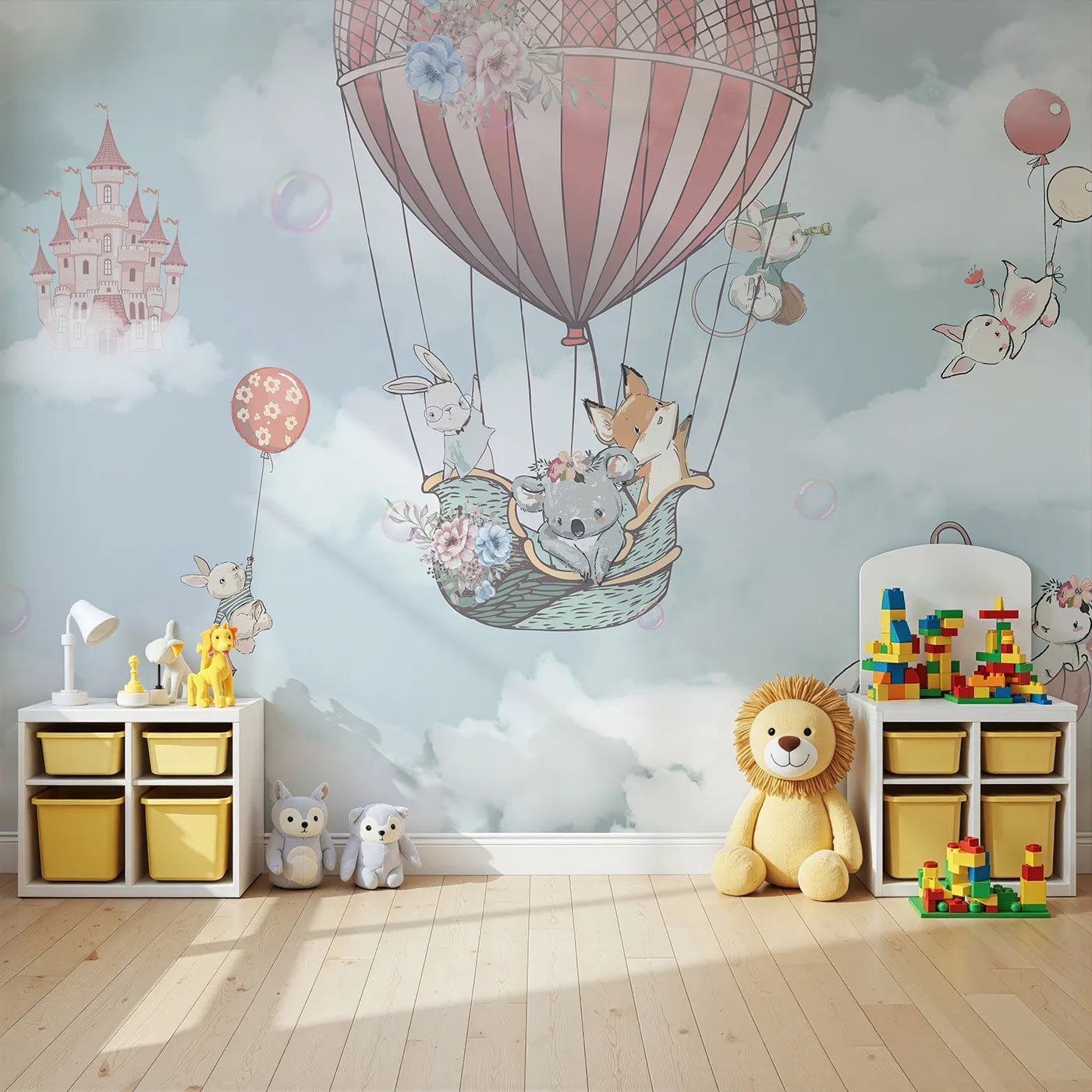 Angled view of Whimsy Tots' Sky High Animal Adventure Wall Mural (Turn Their Room into a Whimsical Fairytale Flight).Best for Girls