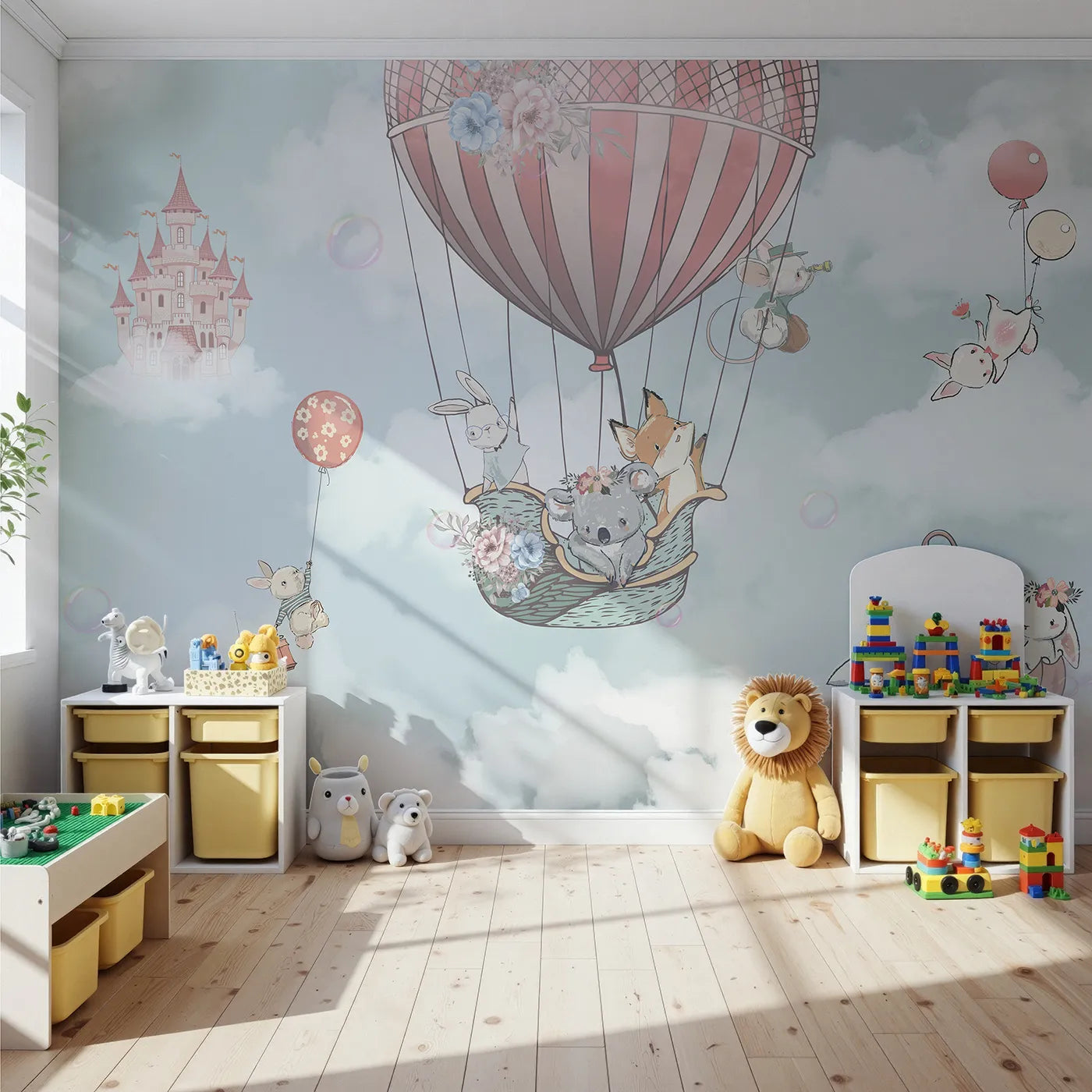 Front view of Whimsy Tots' Sky High Animal Adventure Wall Mural