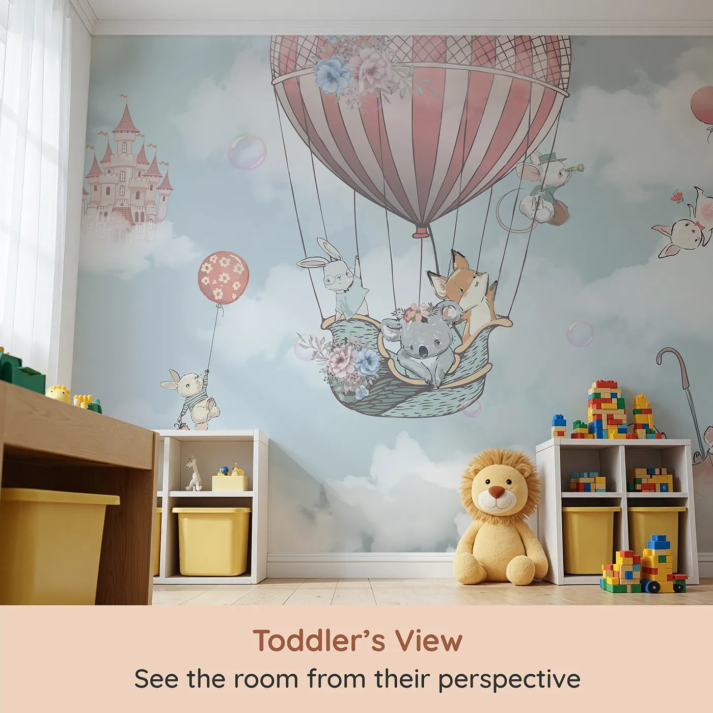 Whimsy Tots Sky High Animal Adventure Wall Mural (Turn Their Room into a Whimsical Fairytale Flight) from your child's view.Best for Girls