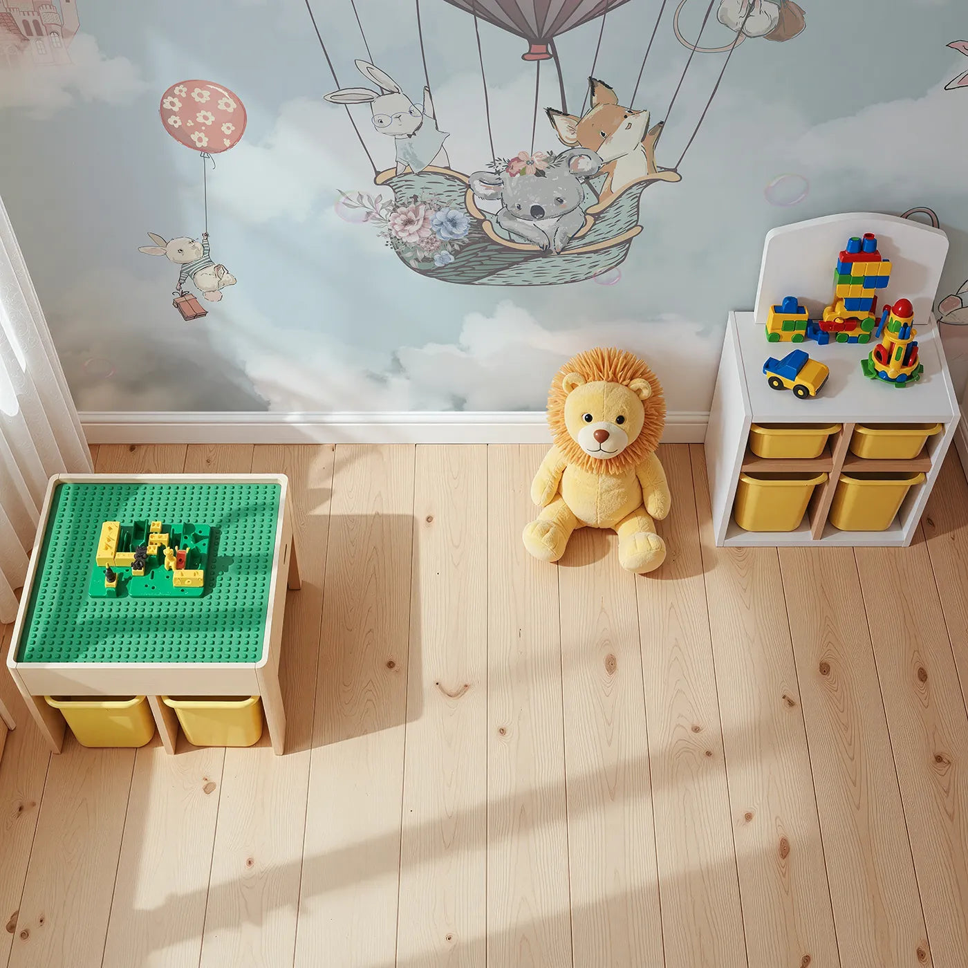 Top-down view of Whimsy Tots' Sky High Animal Adventure Wall Mural (Turn Their Room into a Whimsical Fairytale Flight).Best for Girls