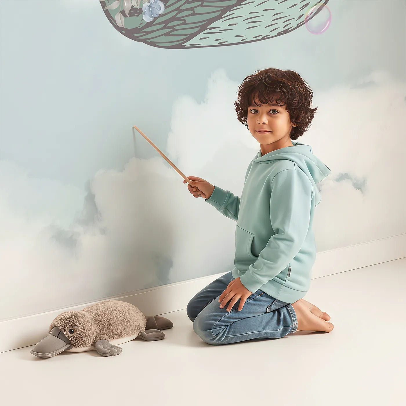 Child in front of Whimsy Tots Sky High Animal Adventure Wall Mural with animal, balloon, castle, cloud, cute, fantasy, rabbit, whimsical in design.