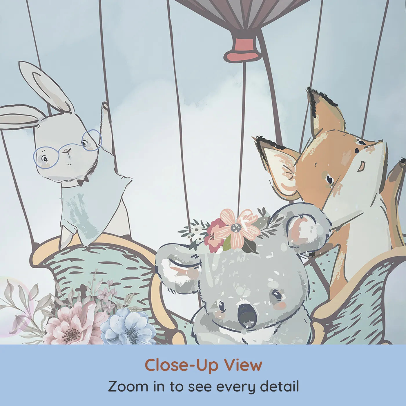 Close-up view of Whimsy Tots' Sky High Animal Adventure Wall Mural (Turn Their Room into a Whimsical Fairytale Flight).Best for Girls