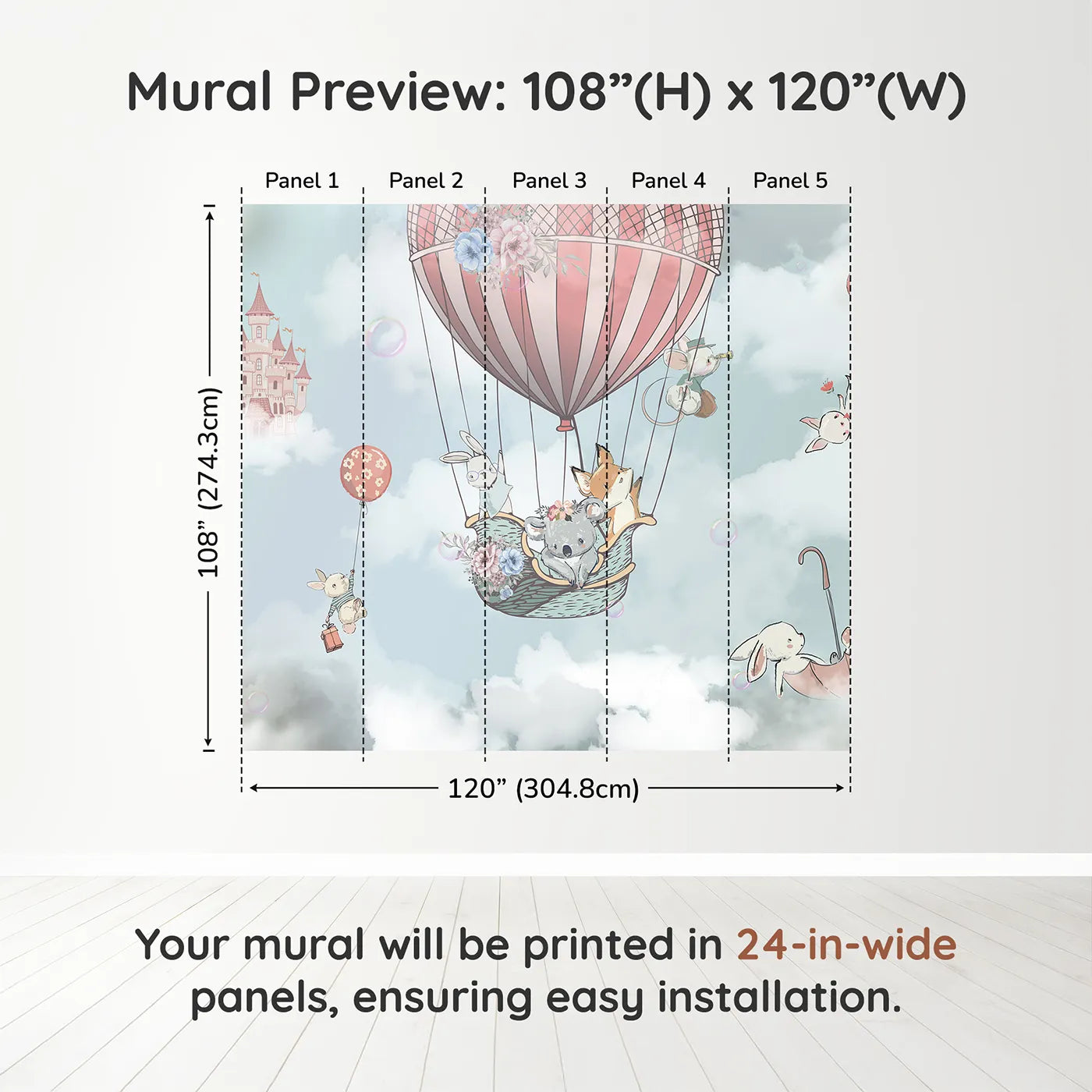 Whimsy Tots Sky High Animal Adventure Wall Muraldimension view (108" H x 120" W). Printed in five 24-inch-wide panels. Best for Girls