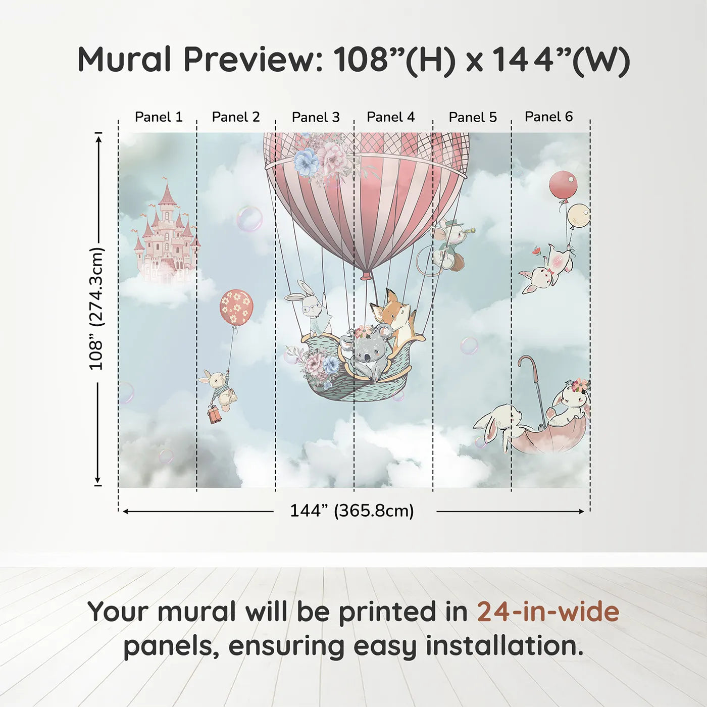 Whimsy Tots Sky High Animal Adventure Wall Muraldimension view (108" H x 144" W). Printed in six 24-inch-wide panels. Best for Girls
