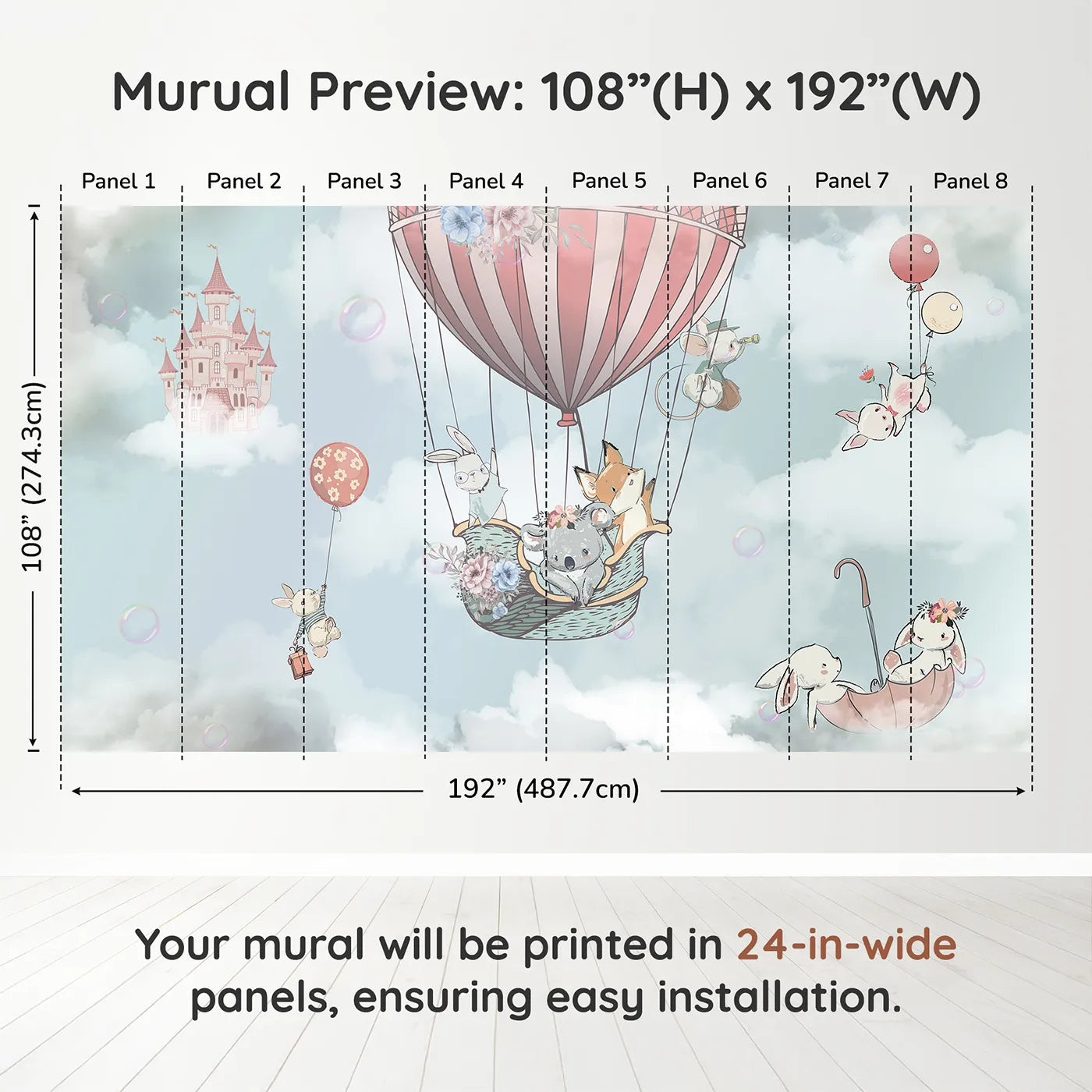 Whimsy Tots Sky High Animal Adventure Wall Muraldimension view (108" H x 192" W). Printed in eight 24-inch-wide panels. Best for Girls