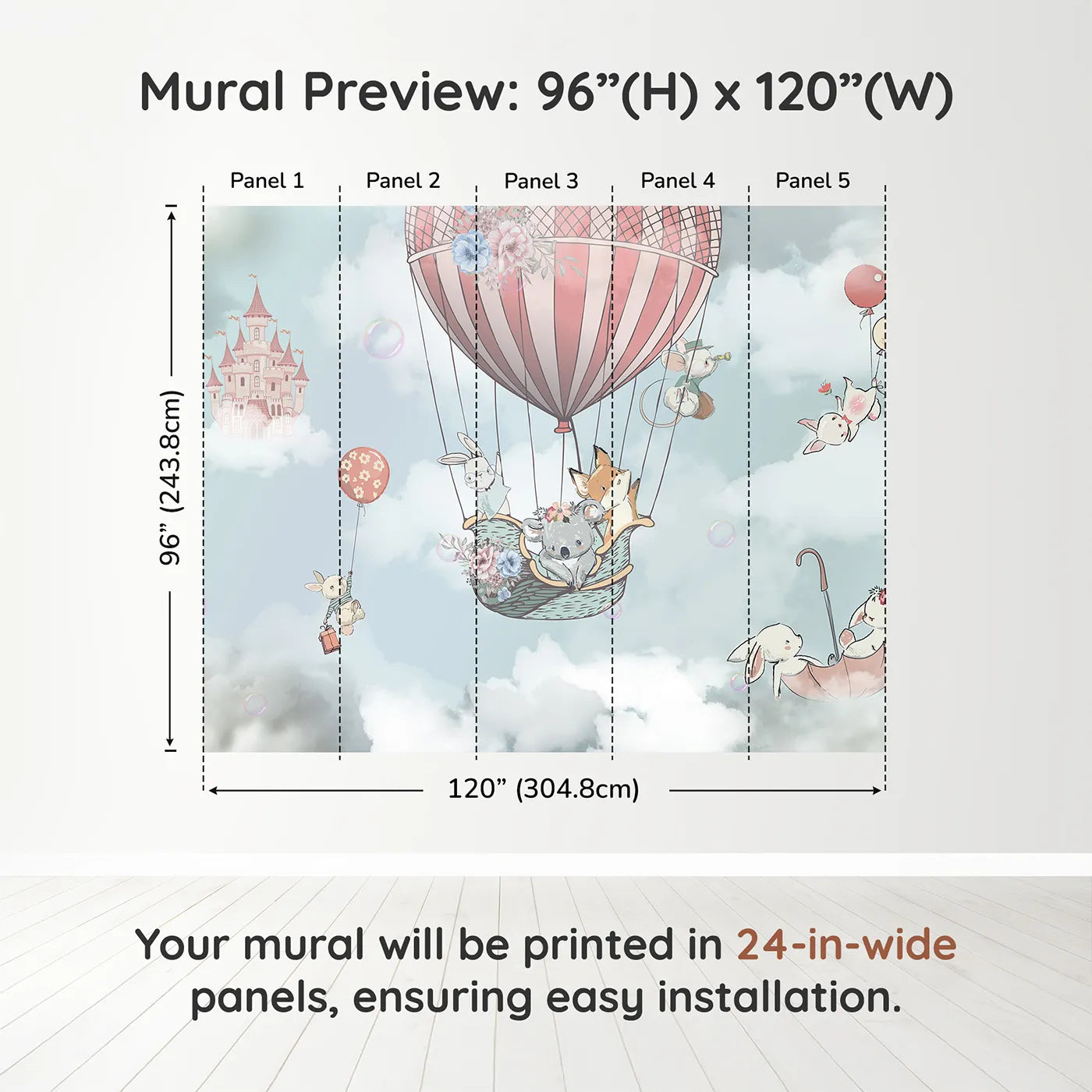 Whimsy Tots Sky High Animal Adventure Wall Muraldimension view (96" H x 120" W). Printed in five 24-inch-wide panels. Best for Girls