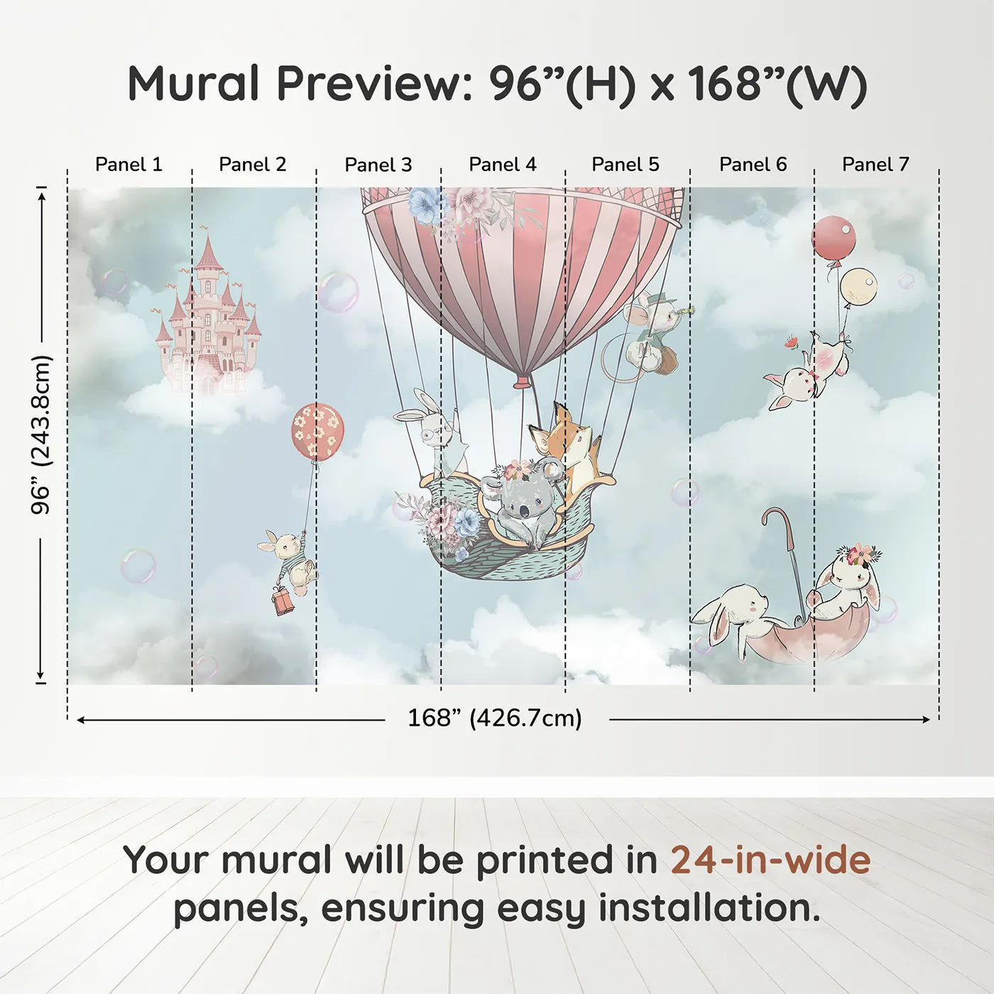 Whimsy Tots Sky High Animal Adventure Wall Muraldimension view (96" H x 168" W). Printed in seven 24-inch-wide panels. Best for Girls