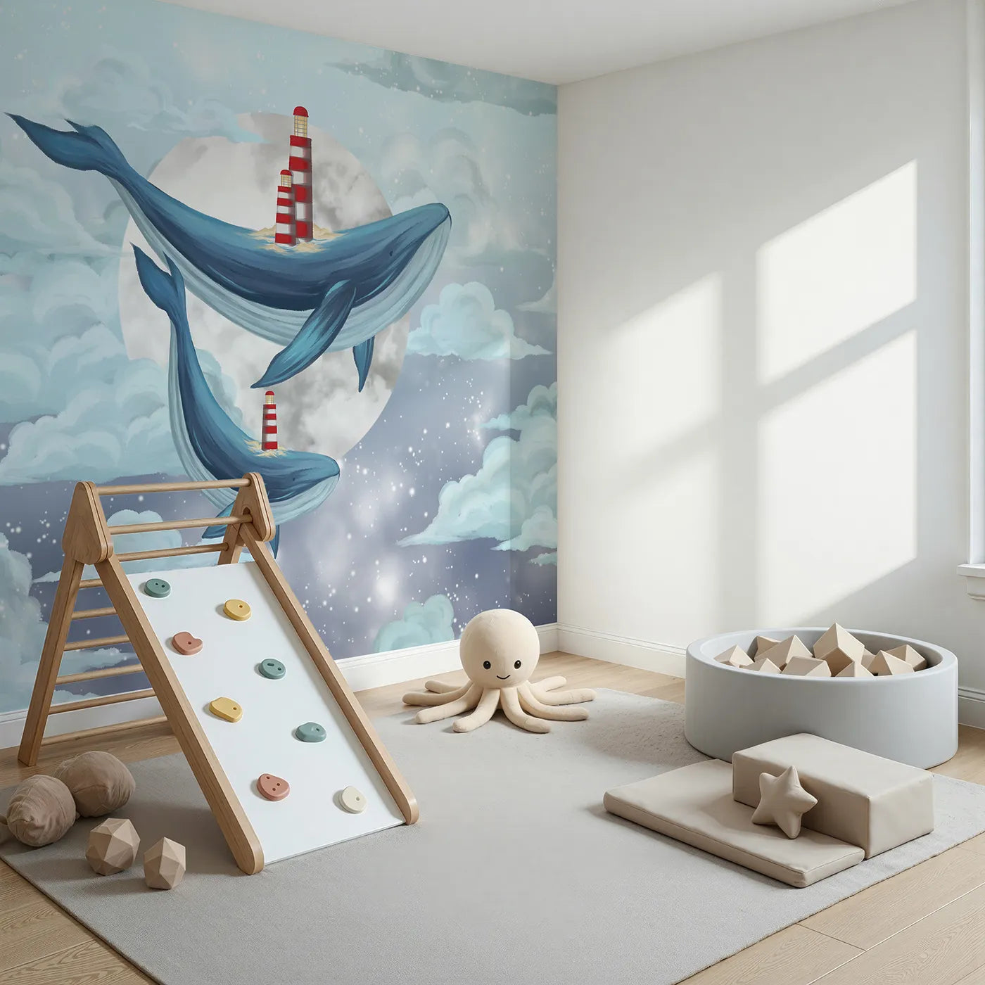 Angled view of Whimsy Tots' Flying Lighthouse Whales Wall Mural (Turn Their Room into a Surreal and Magical Dreamscape).Gender-Neutral