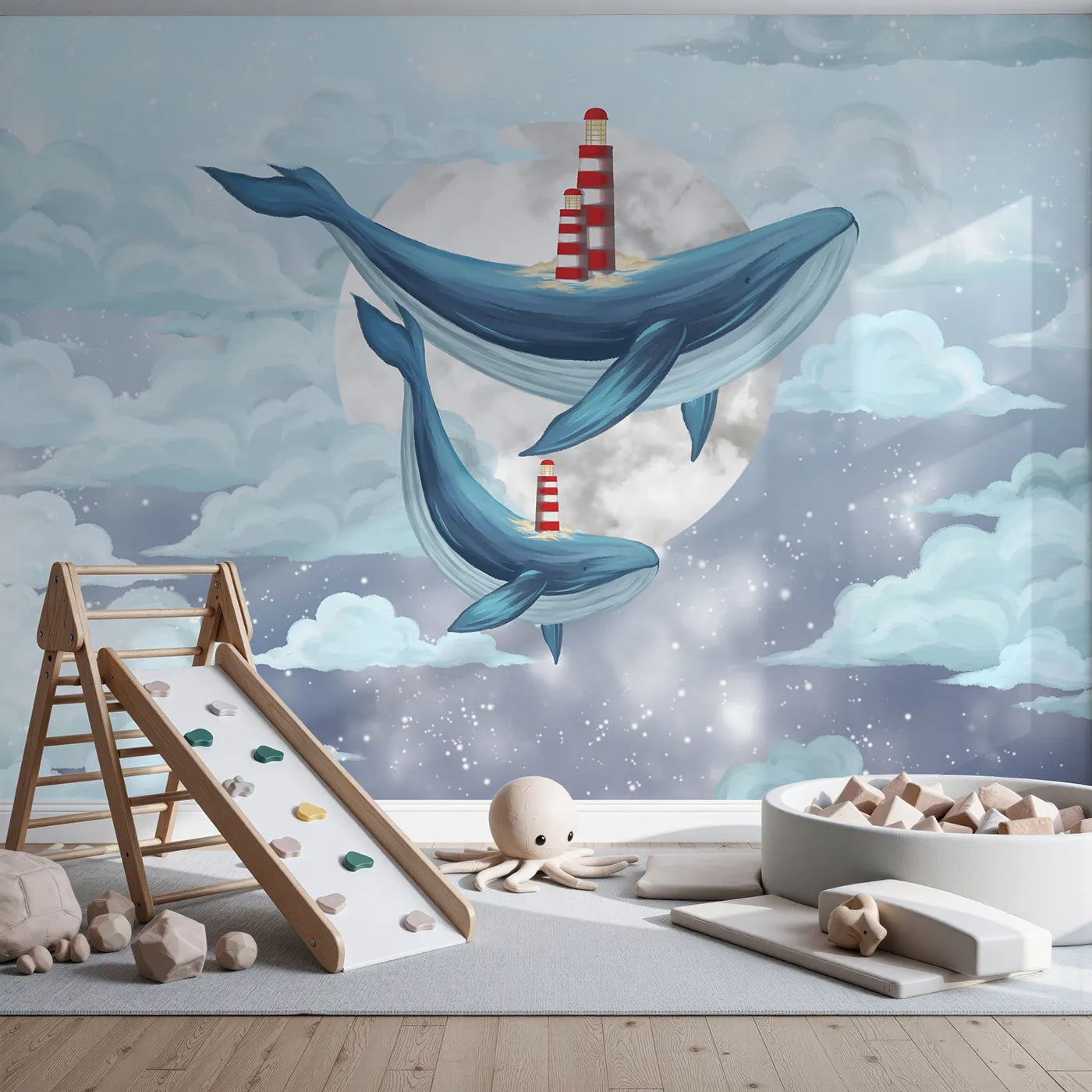 Front view of Whimsy Tots' Flying Lighthouse Whales Wall Mural