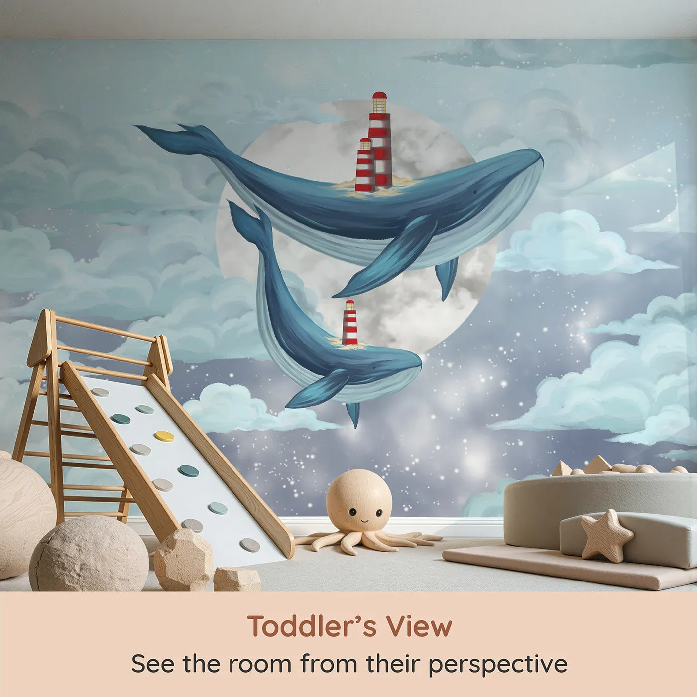 Whimsy Tots Flying Lighthouse Whales Wall Mural (Turn Their Room into a Surreal and Magical Dreamscape) from your child's view.Gender-Neutral