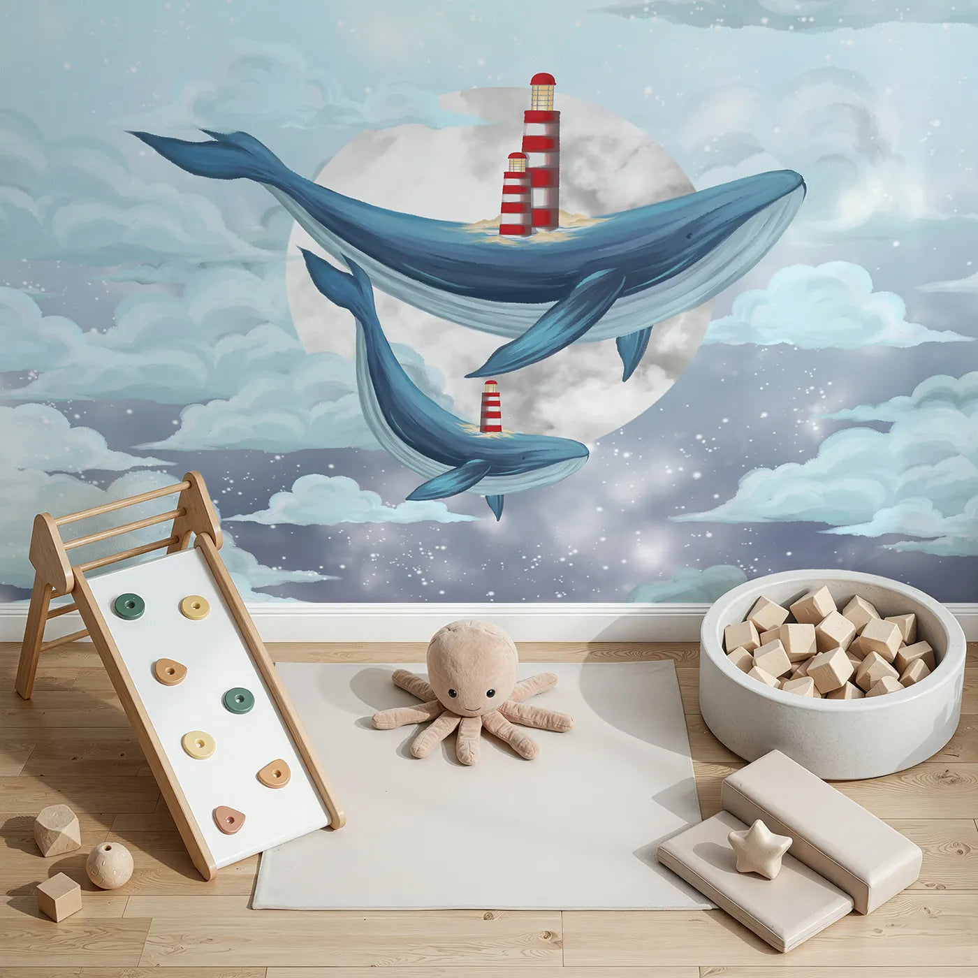 Top-down view of Whimsy Tots' Flying Lighthouse Whales Wall Mural (Turn Their Room into a Surreal and Magical Dreamscape).Gender-Neutral
