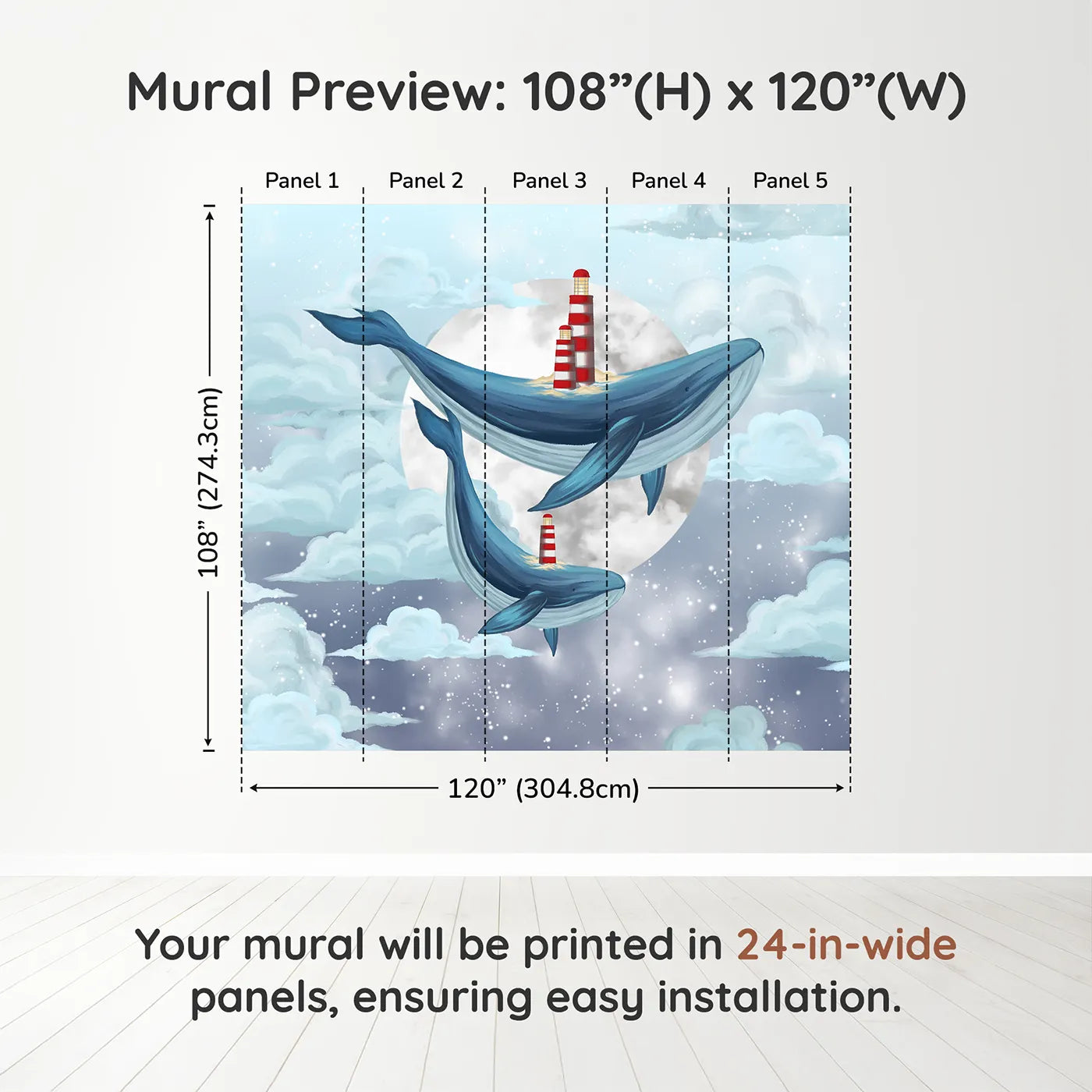 Whimsy Tots Flying Lighthouse Whales Wall Muraldimension view (108" H x 120" W). Printed in five 24-inch-wide panels. Gender-Neutral