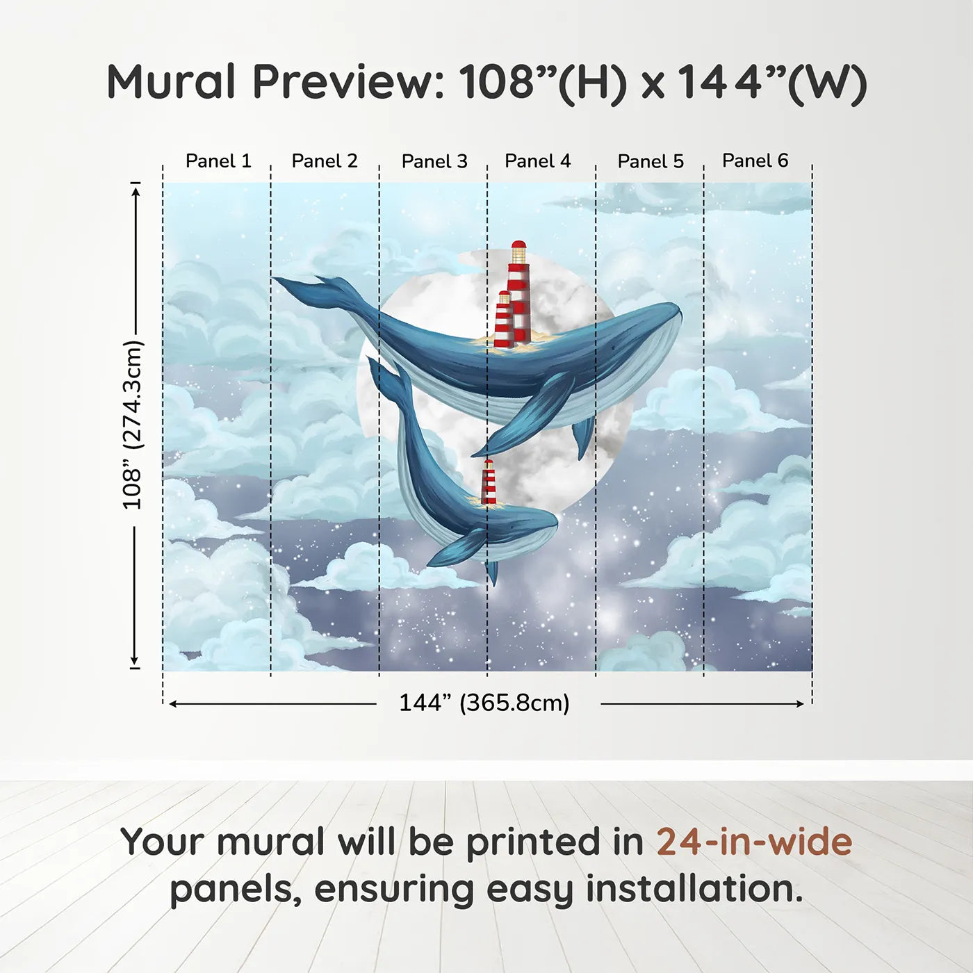 Whimsy Tots Flying Lighthouse Whales Wall Muraldimension view (108" H x 144" W). Printed in six 24-inch-wide panels. Gender-Neutral