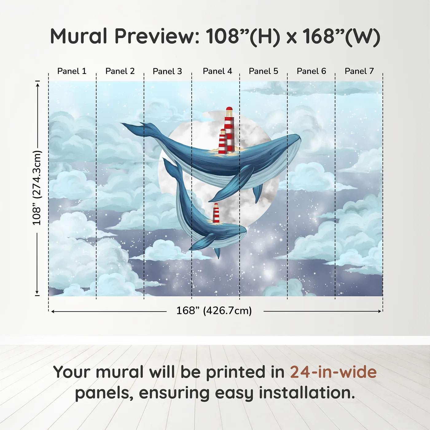 Whimsy Tots Flying Lighthouse Whales Wall Muraldimension view (108" H x 168" W). Printed in seven 24-inch-wide panels. Gender-Neutral