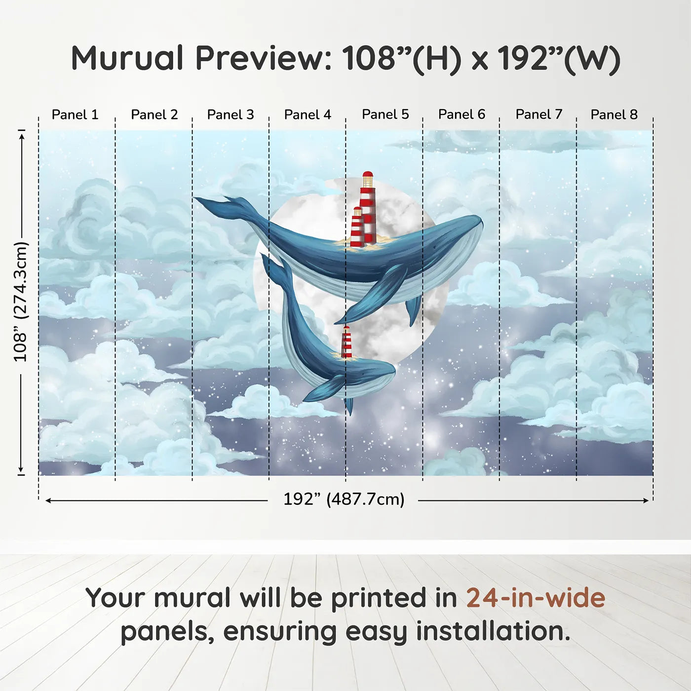 Whimsy Tots Flying Lighthouse Whales Wall Muraldimension view (108" H x 192" W). Printed in eight 24-inch-wide panels. Gender-Neutral