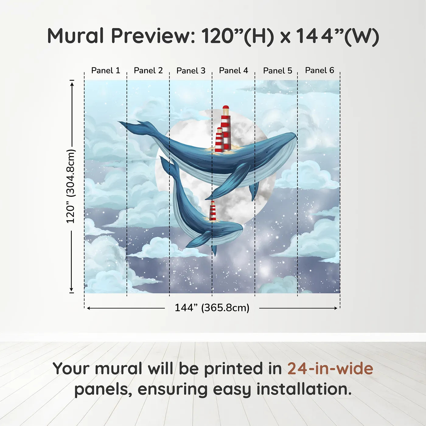 Whimsy Tots Flying Lighthouse Whales Wall Muraldimension view (120" H x 144" W). Printed in six 24-inch-wide panels. Gender-Neutral